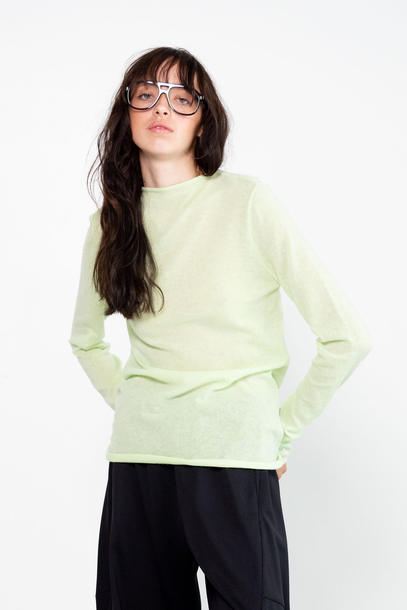 TIBI - Skinlike Mercerized Wool Soft Sheer Pullover, Pale Lime