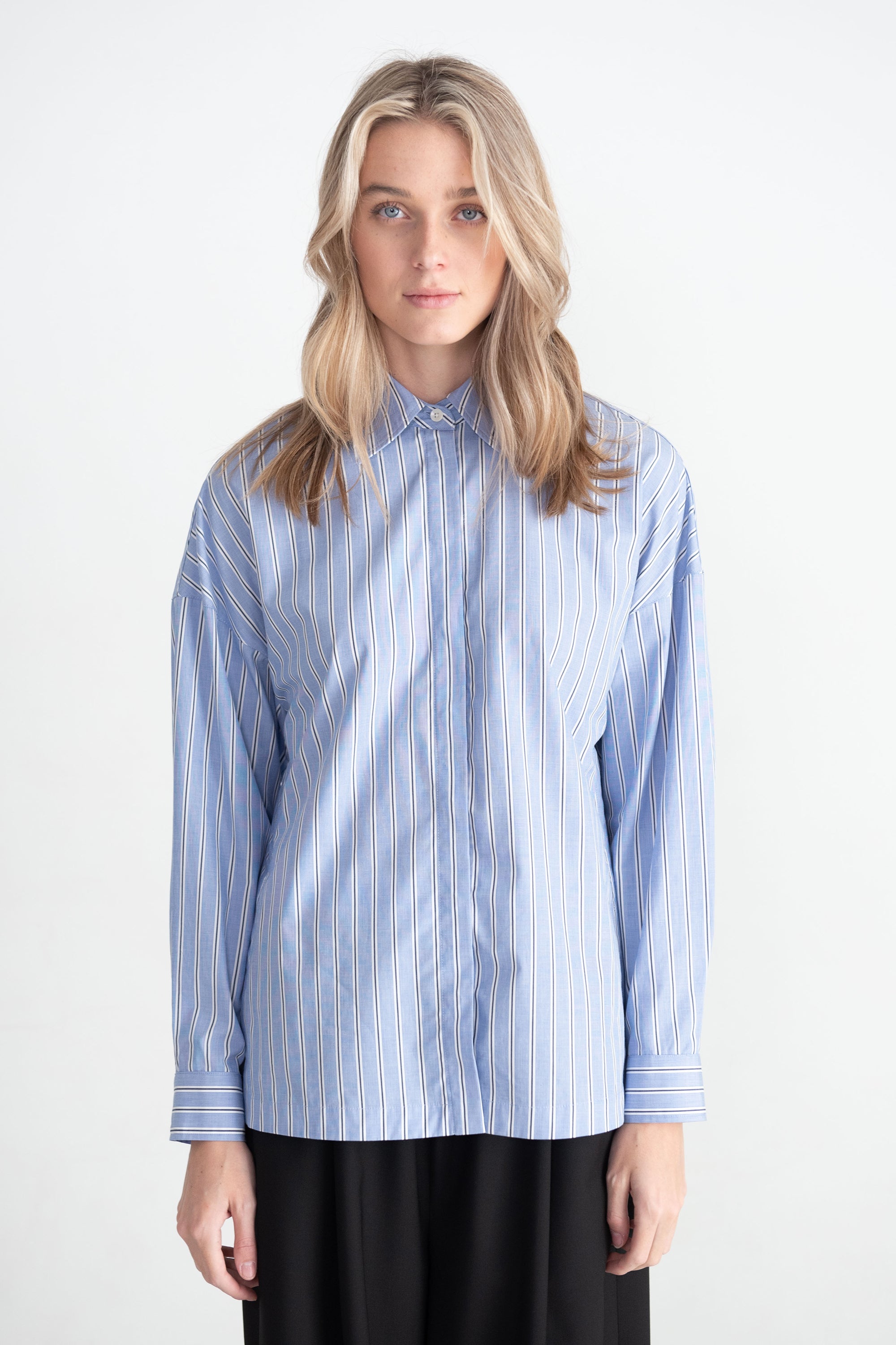TIBI - Striped Shirting Gabe Oversized Shirt, Blue Multi
