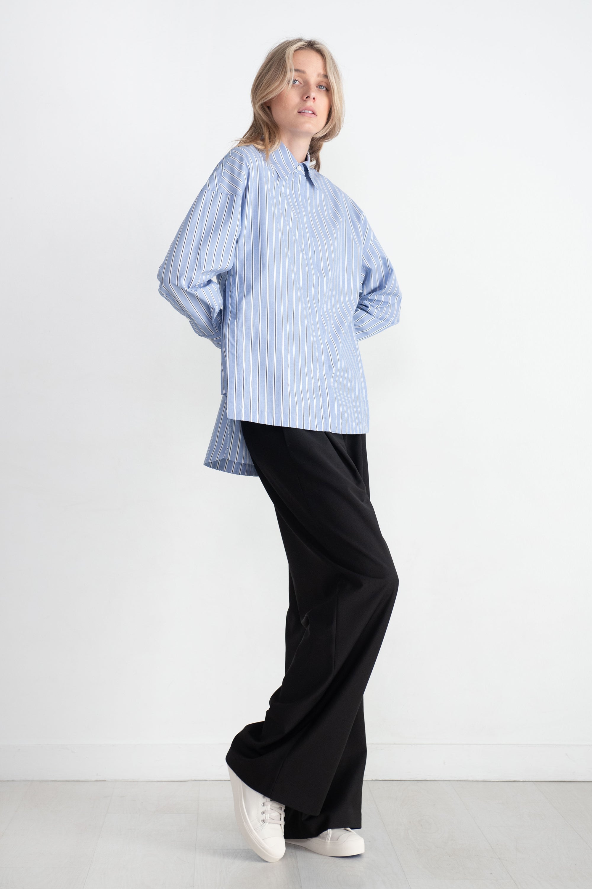 TIBI - Striped Shirting Gabe Oversized Shirt, Blue Multi