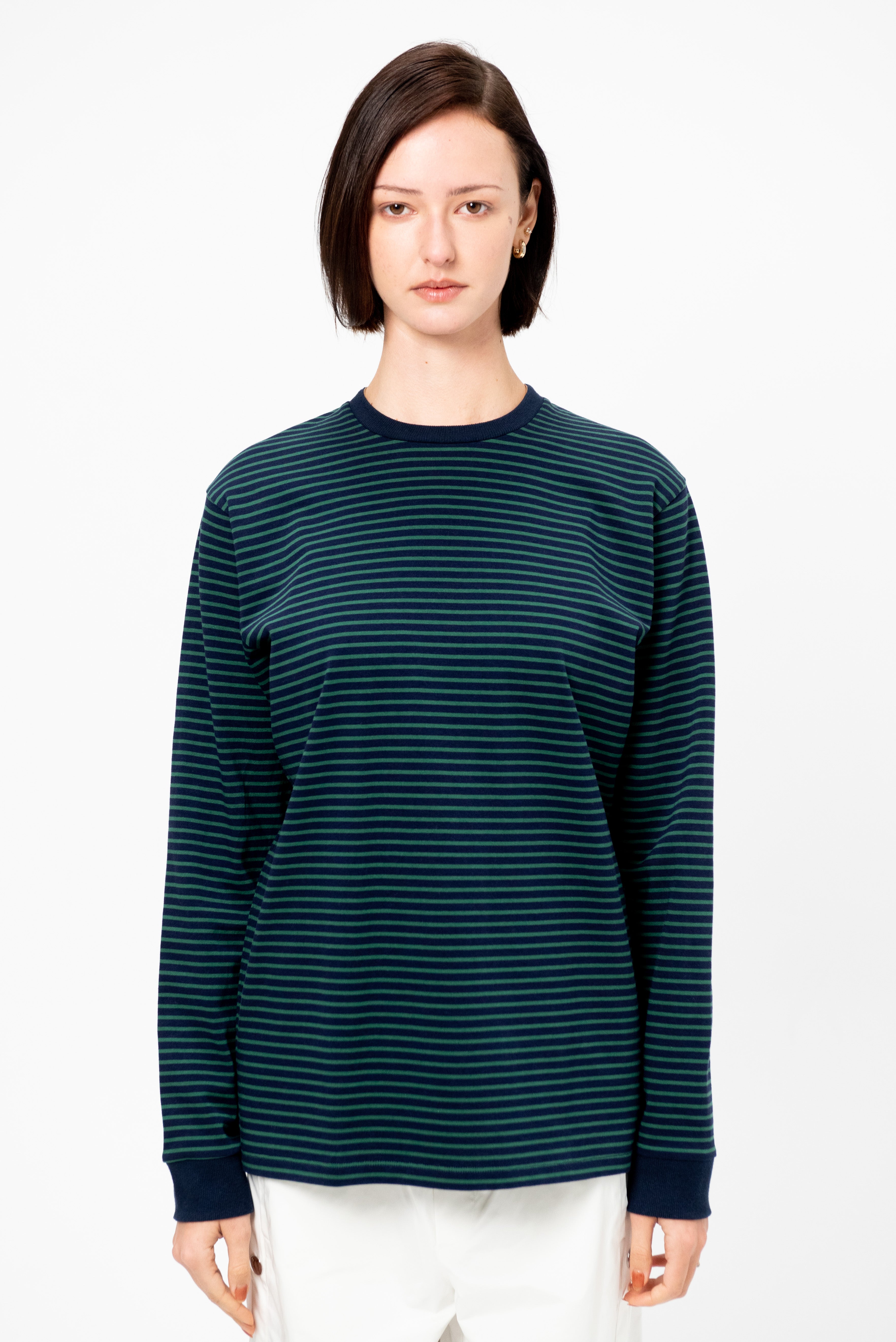 Tibi Striped Perfect Unisex Long Sleeve T-Shirt, Navy & Green