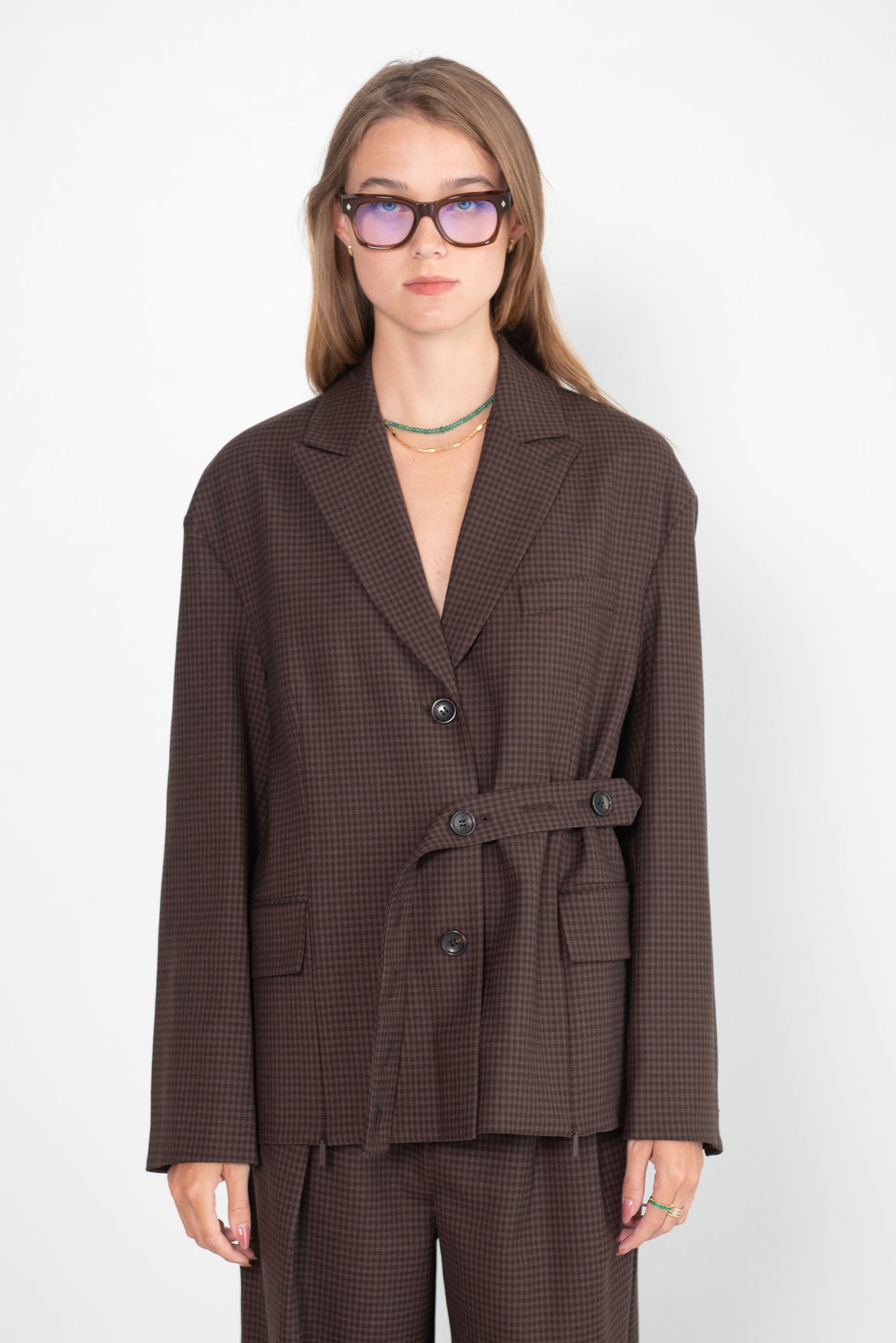 TIBI - Jett Suiting Liam Blazer With Slit Zipper Detail, Brown Multi