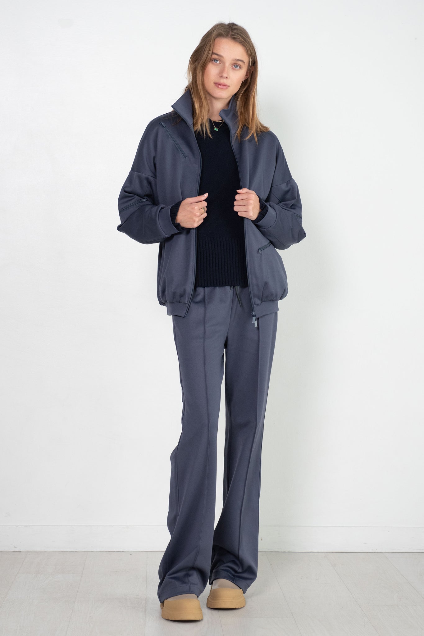 TIBI - Active Knit Zipper Detailed Track Jacket, Navy Fog