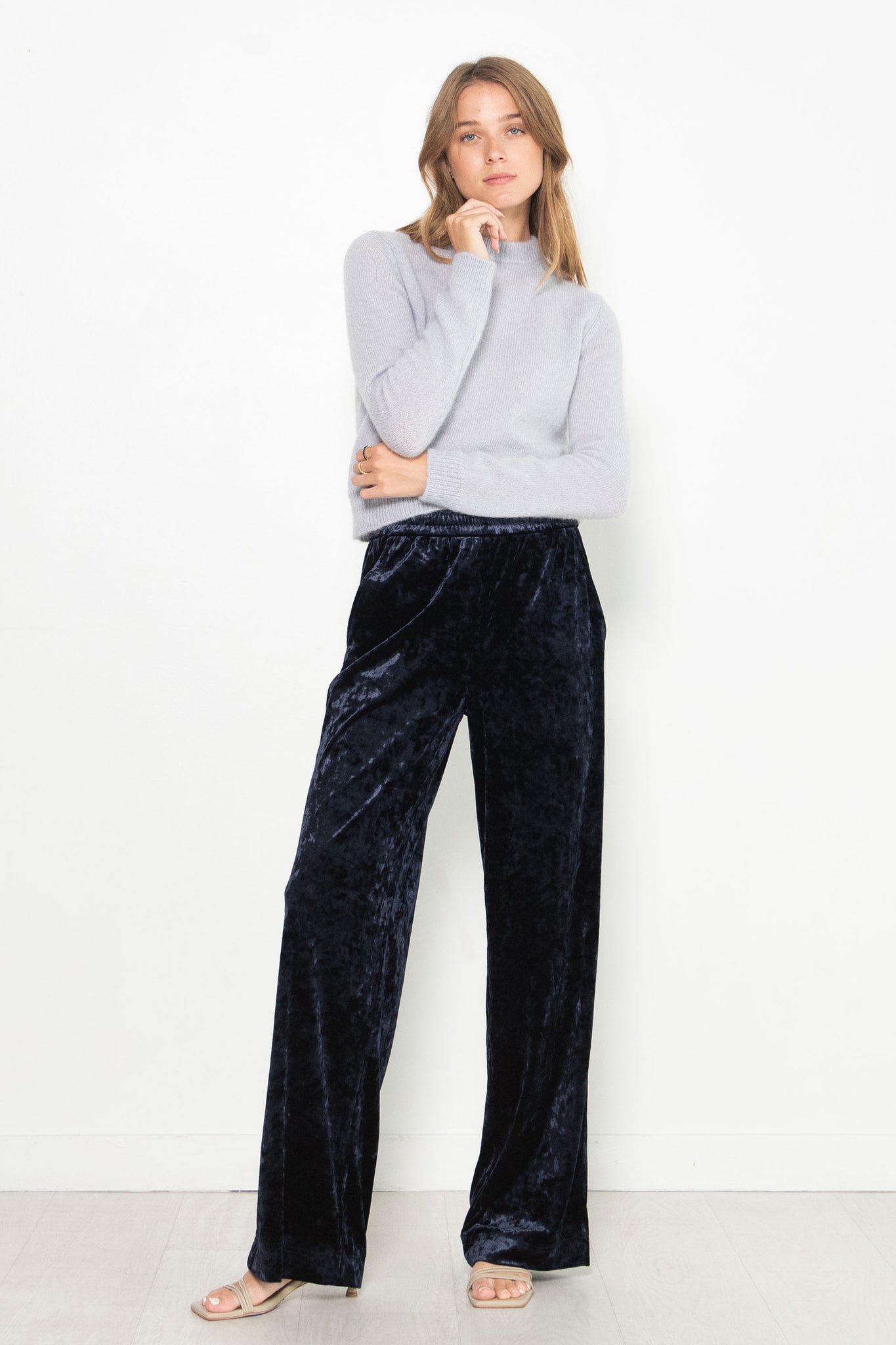 TIBI - Stretch Velvet Wide Leg Pull On Pant, Navy