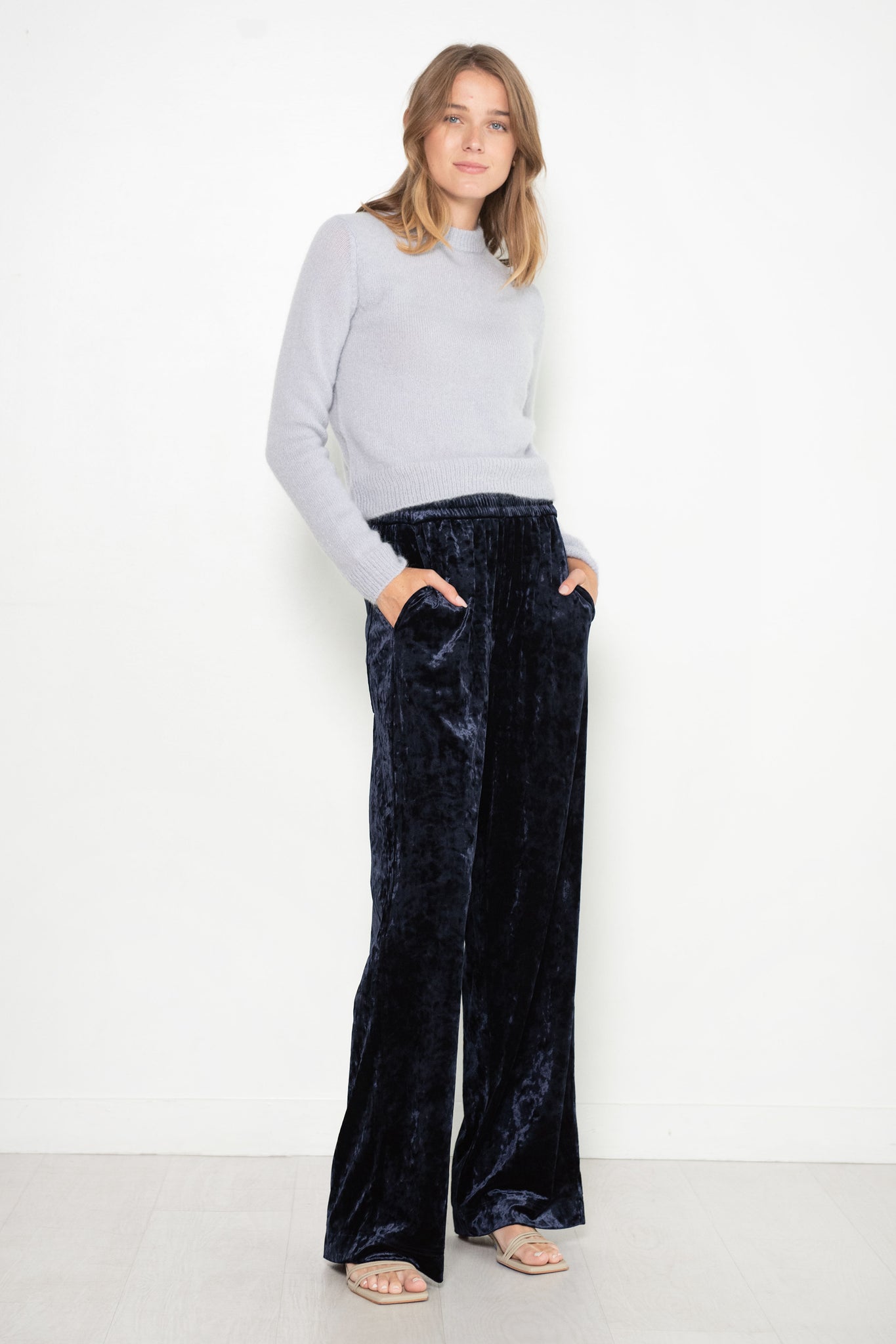 TIBI - Stretch Velvet Wide Leg Pull On Pant, Navy