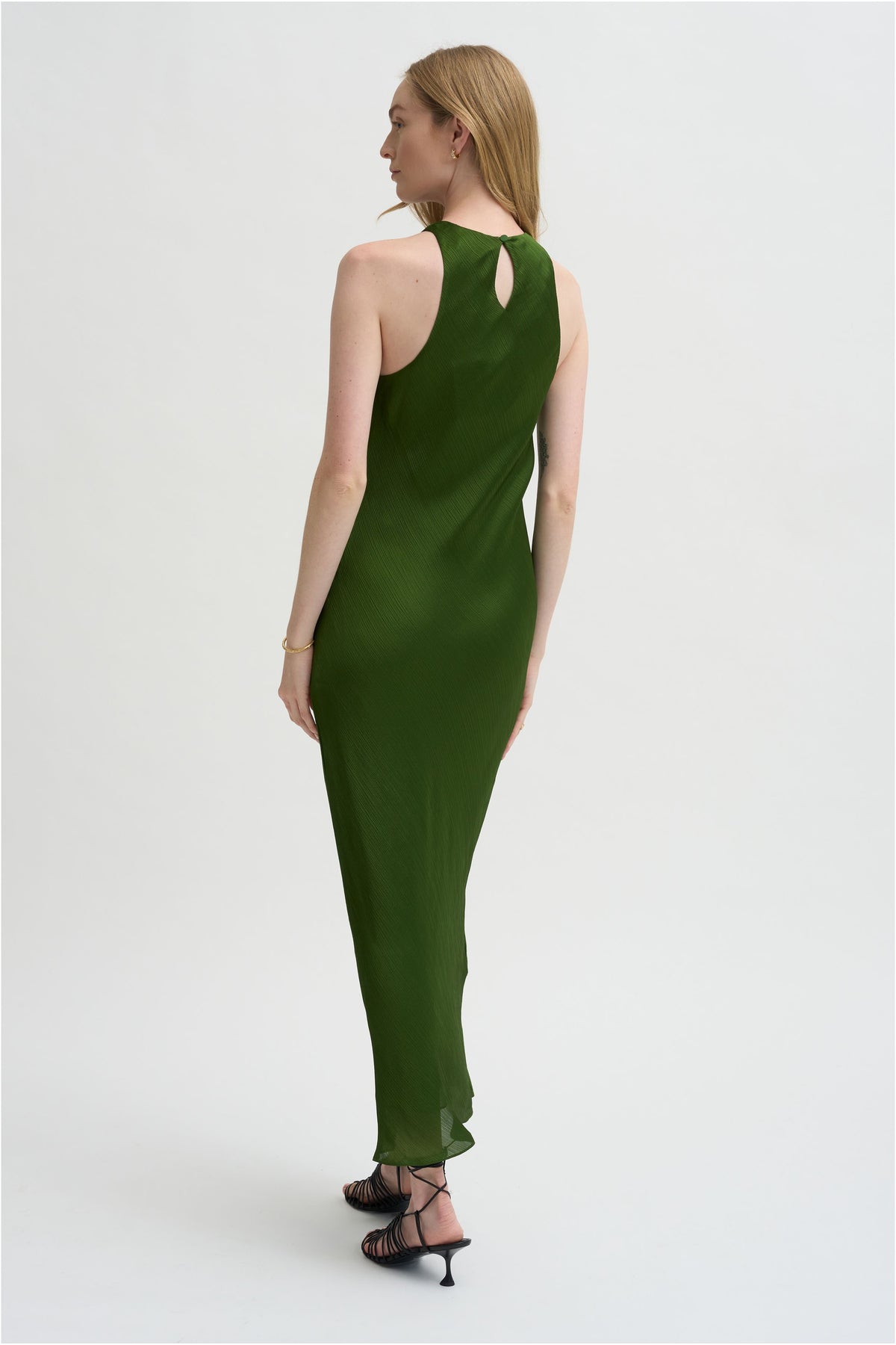 Matte Satin Plisse Midi Bias Dress, Green