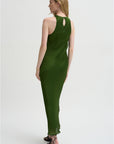 Matte Satin Plisse Midi Bias Dress, Green