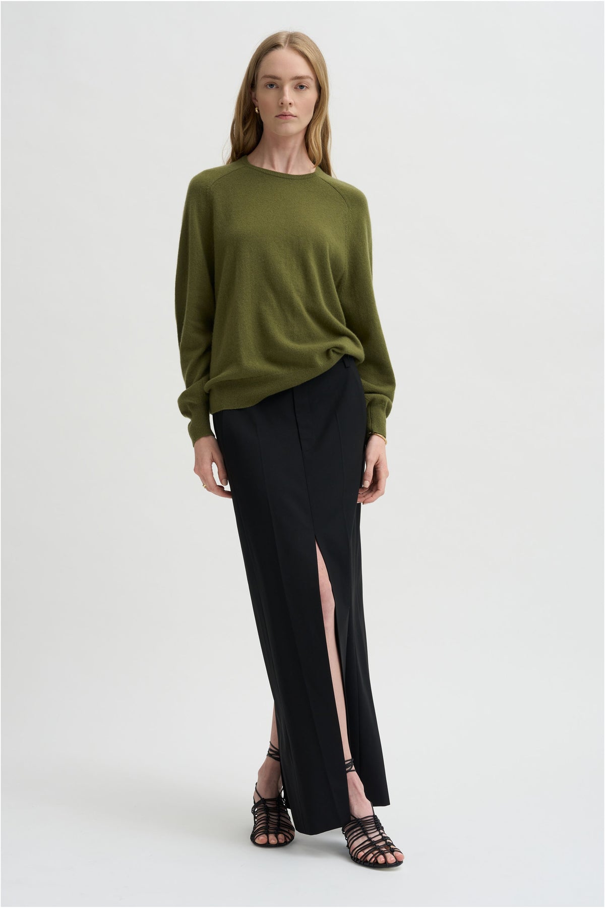 Recycled Tropical Wool Double Slit Maxi Skirt, Black