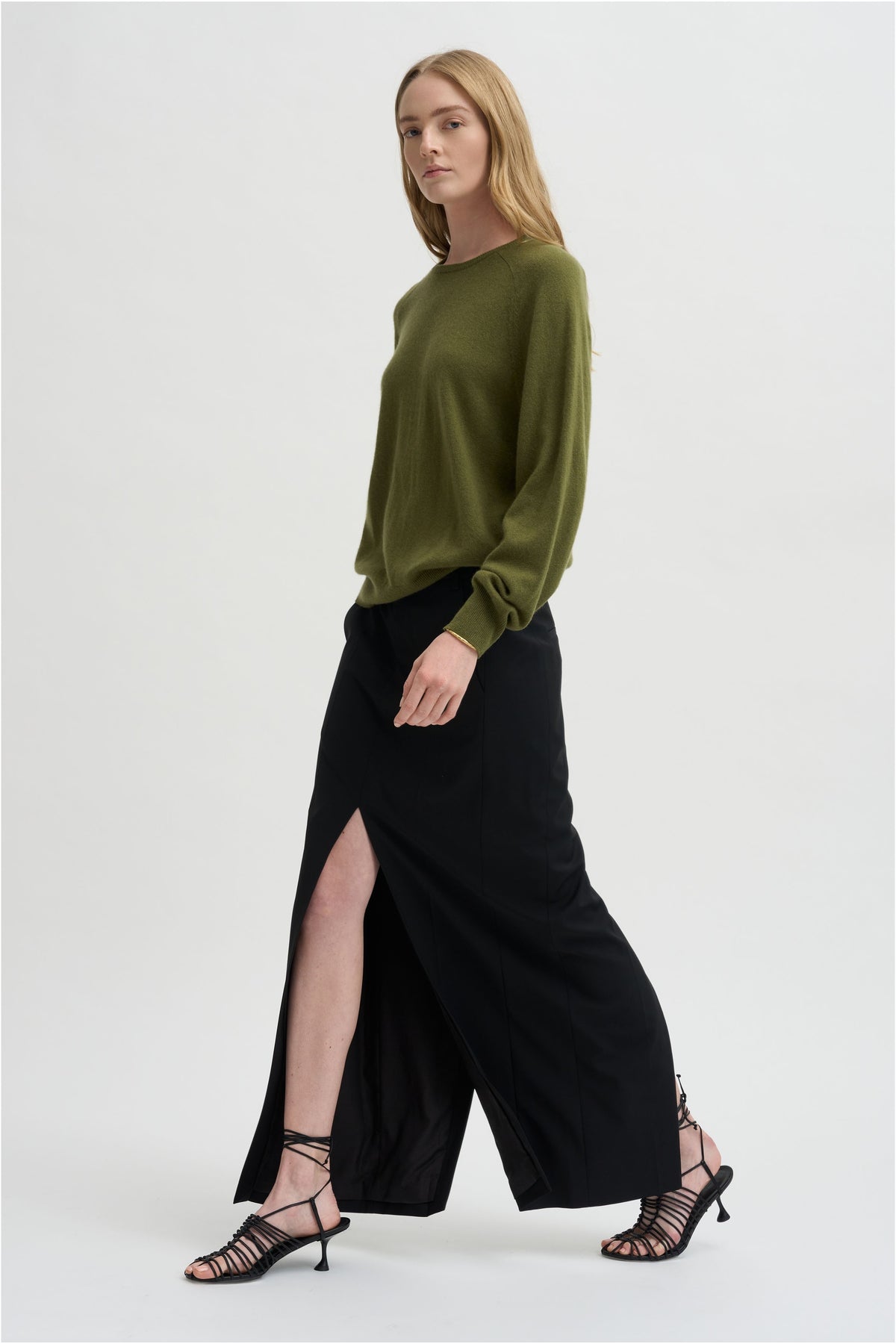 Recycled Tropical Wool Double Slit Maxi Skirt, Black