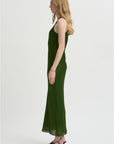 Matte Satin Plisse Midi Bias Dress, Green