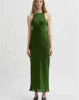Matte Satin Plisse Midi Bias Dress, Green