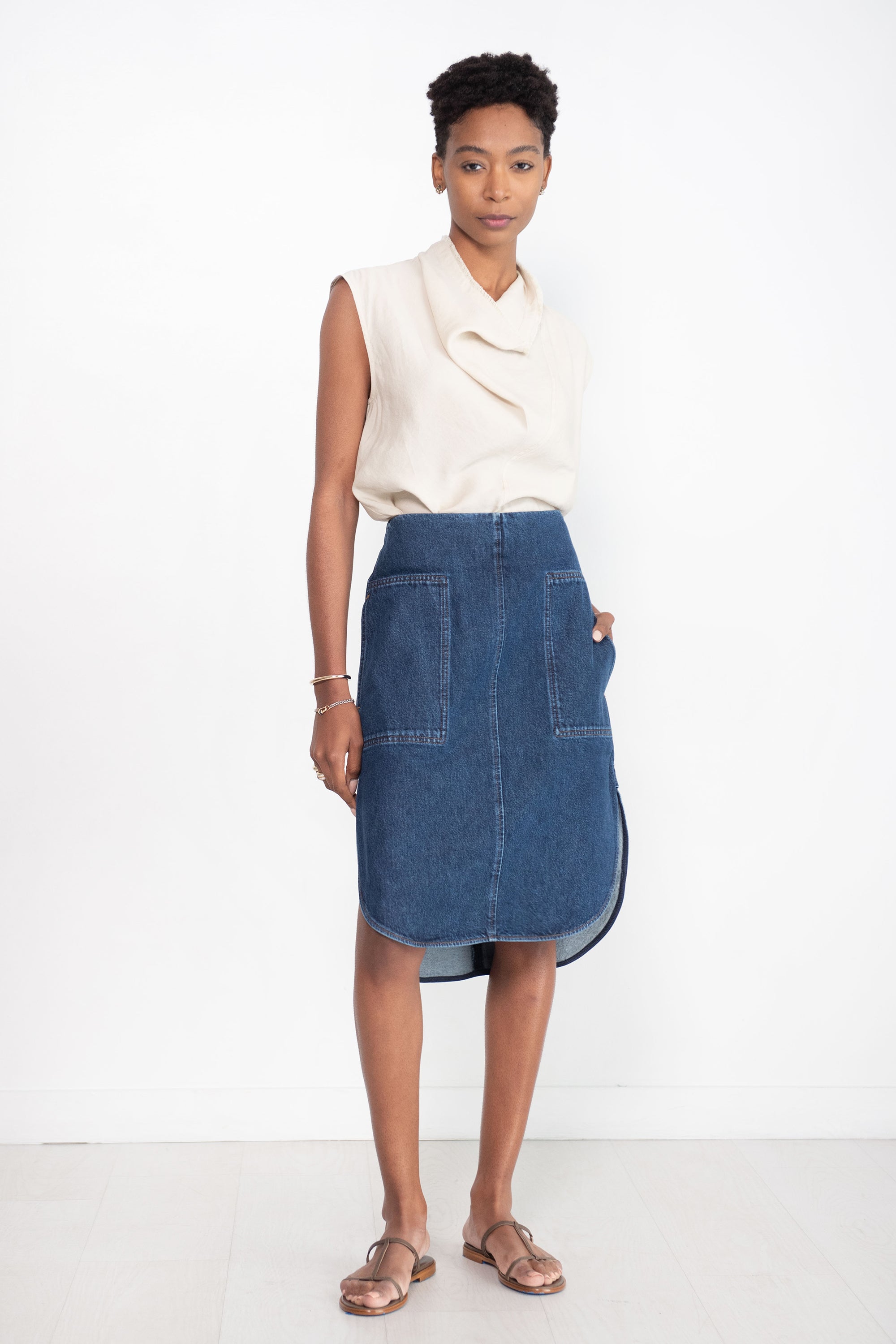 Toteme Curved-hem Denim Skirt, Dark Blue – Kick Pleat