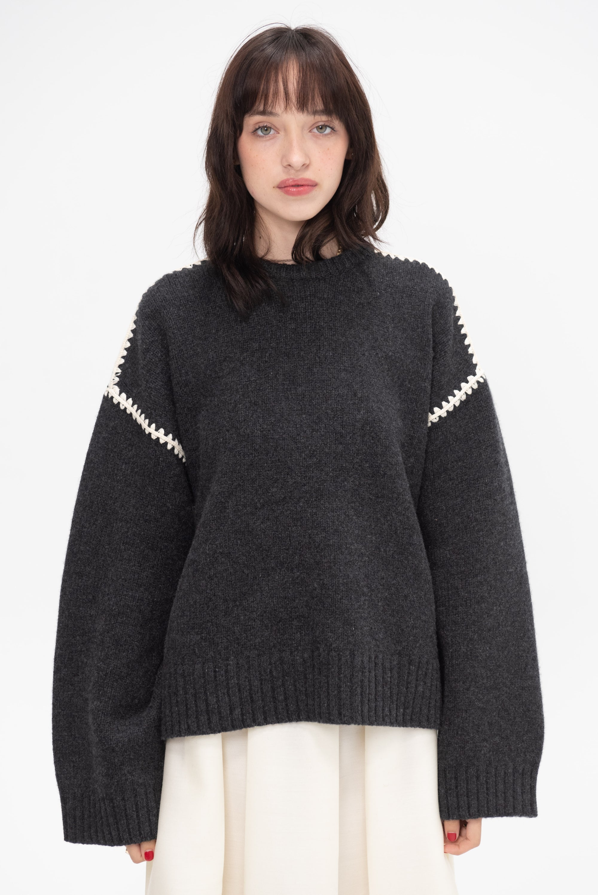 TOTEME - Embroidered Wool Cashmere Knit, Grey Melange