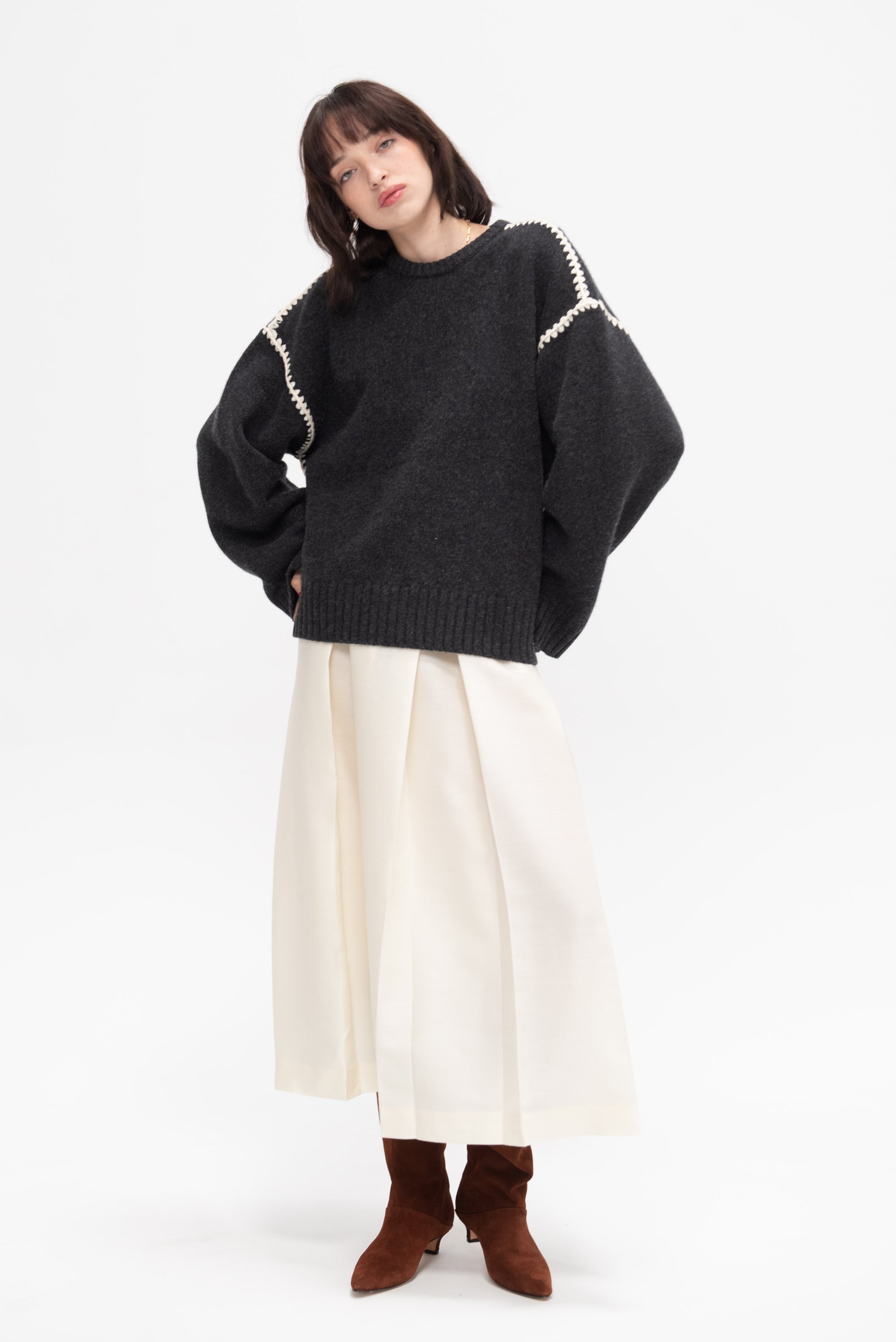 TOTEME - Embroidered Wool Cashmere Knit, Grey Melange