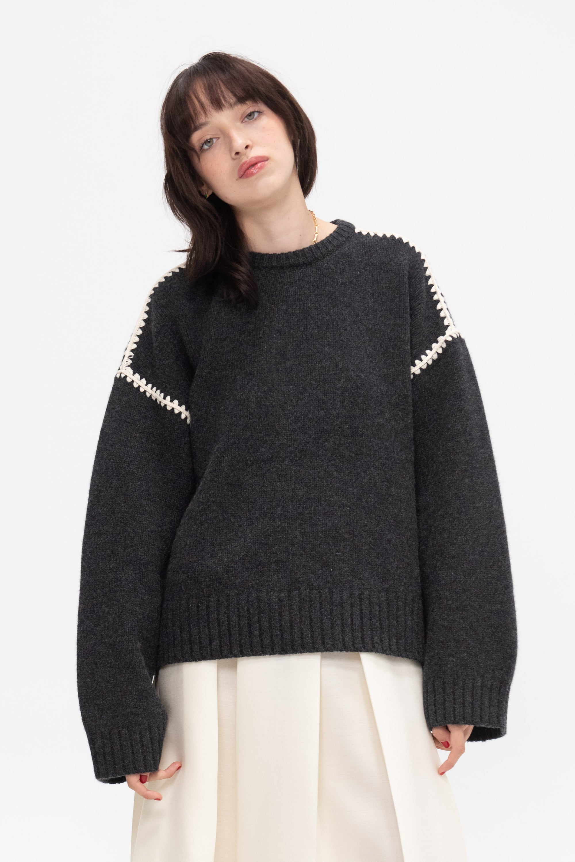 TOTEME - Embroidered Wool Cashmere Knit, Grey Melange