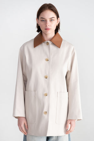 TOTEME - Leather-Collar Cotton Barn Jacket, Pebble
