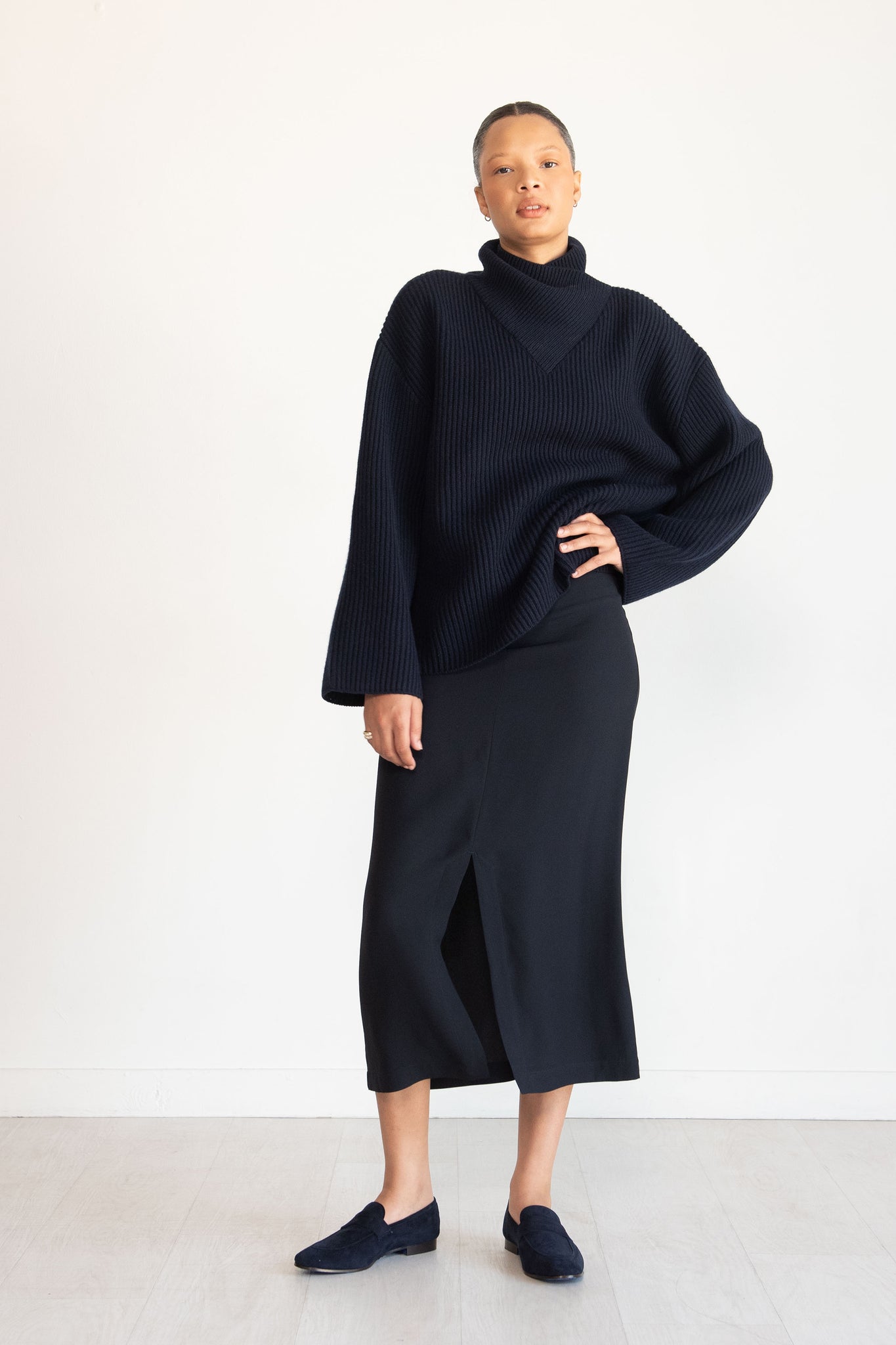 Totême - Front-Split Satin Midi Skirt, Navy