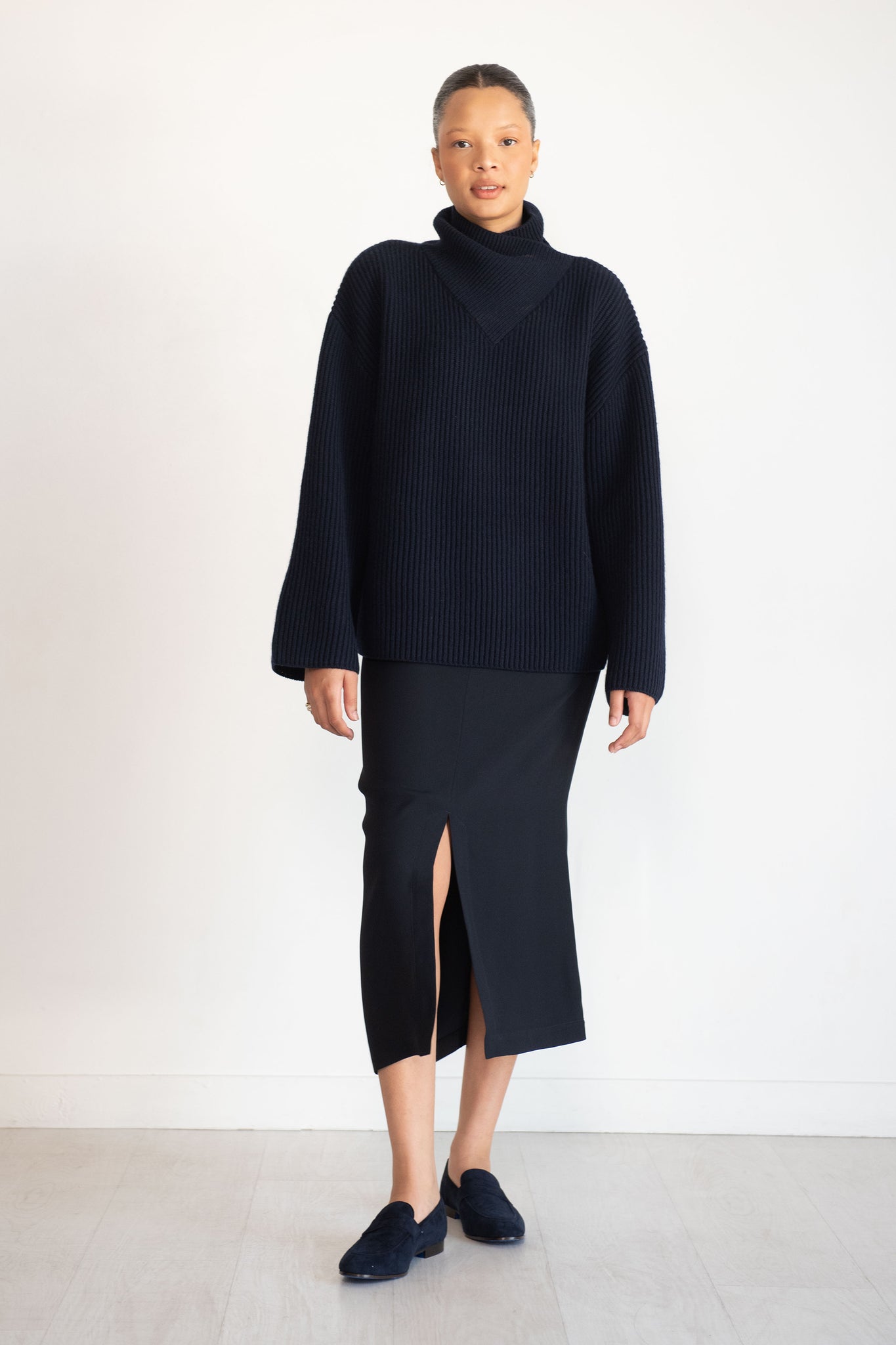 Totême - Front-Split Satin Midi Skirt, Navy