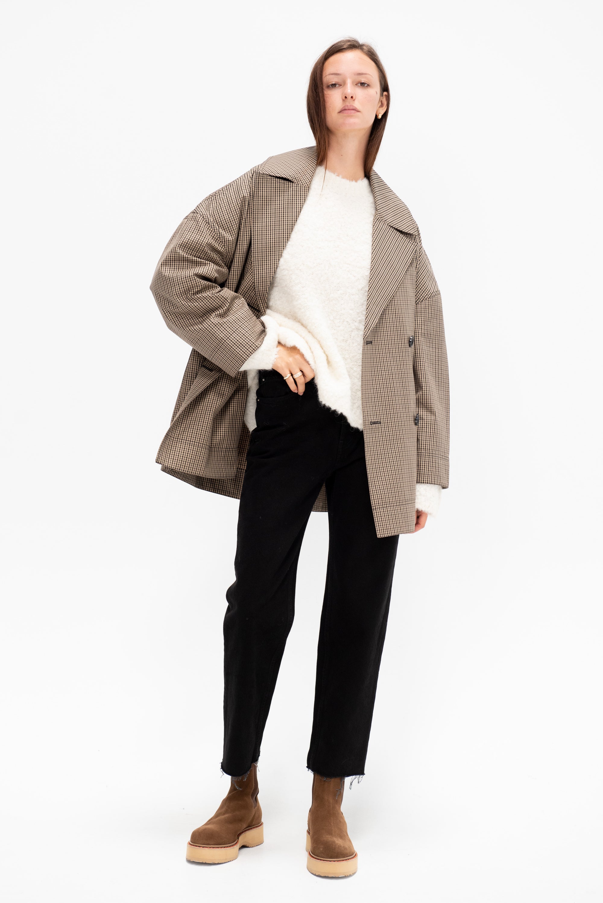 Oversized Herringbone Jacket, Beige &amp; Black