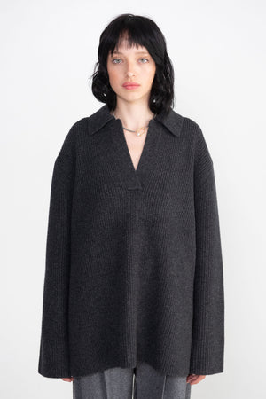 Totême - Ribbed Polo Knit, Charcoal Melange