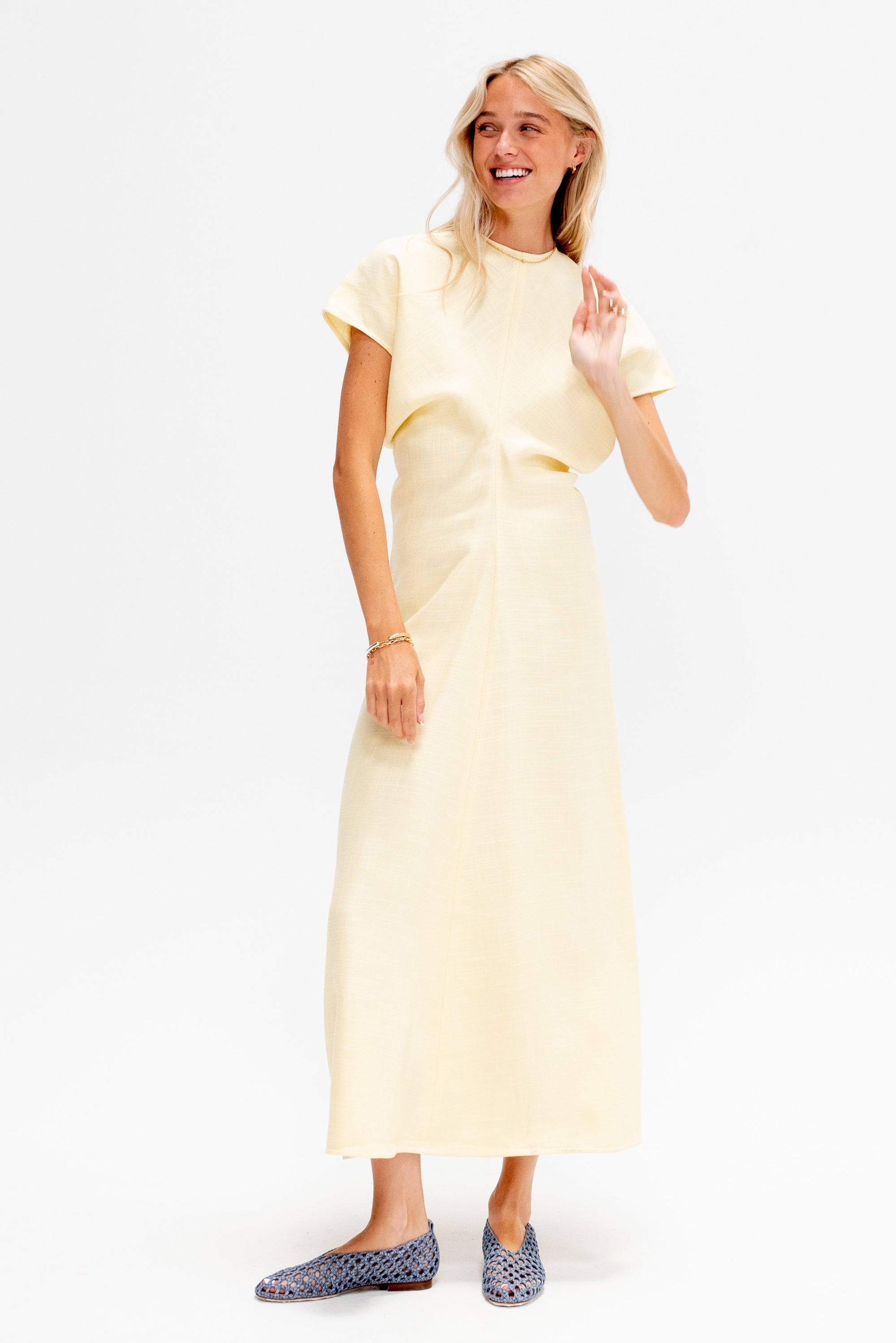 Slouch Waist Basketweave Dress, Straw