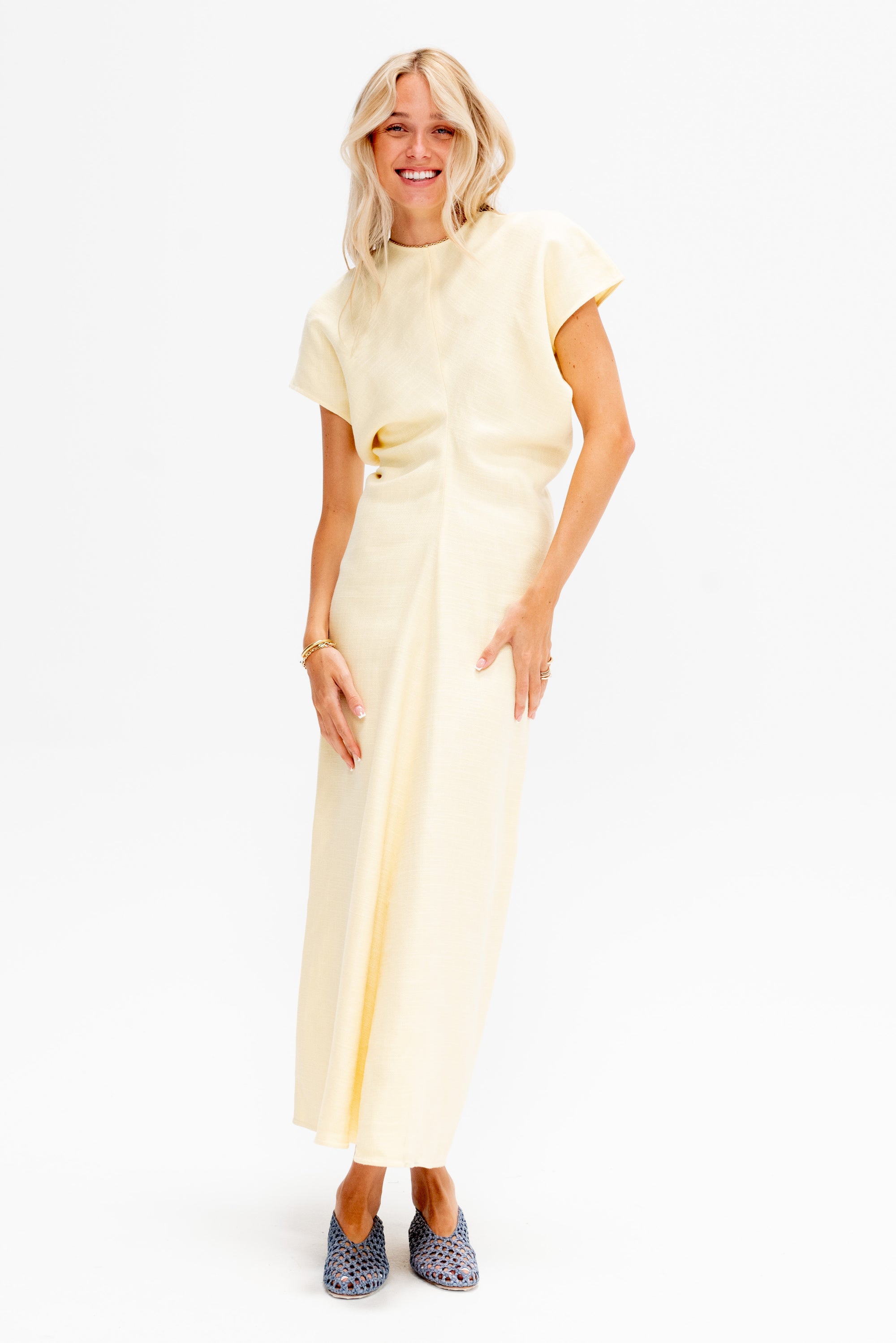 Slouch Waist Basketweave Dress, Straw