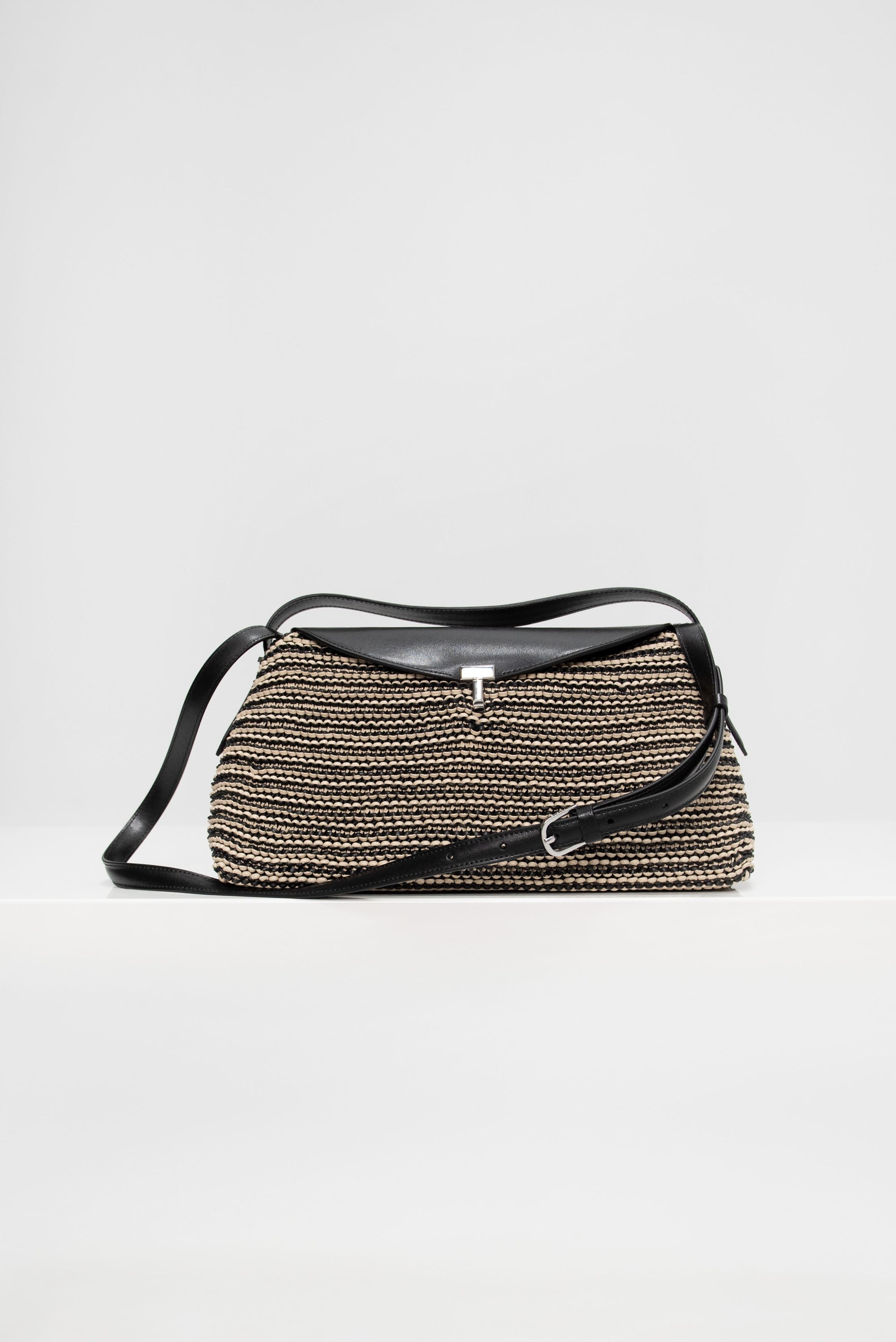 T-Lock Woven-Leather Top Handle, Black &amp; Sand