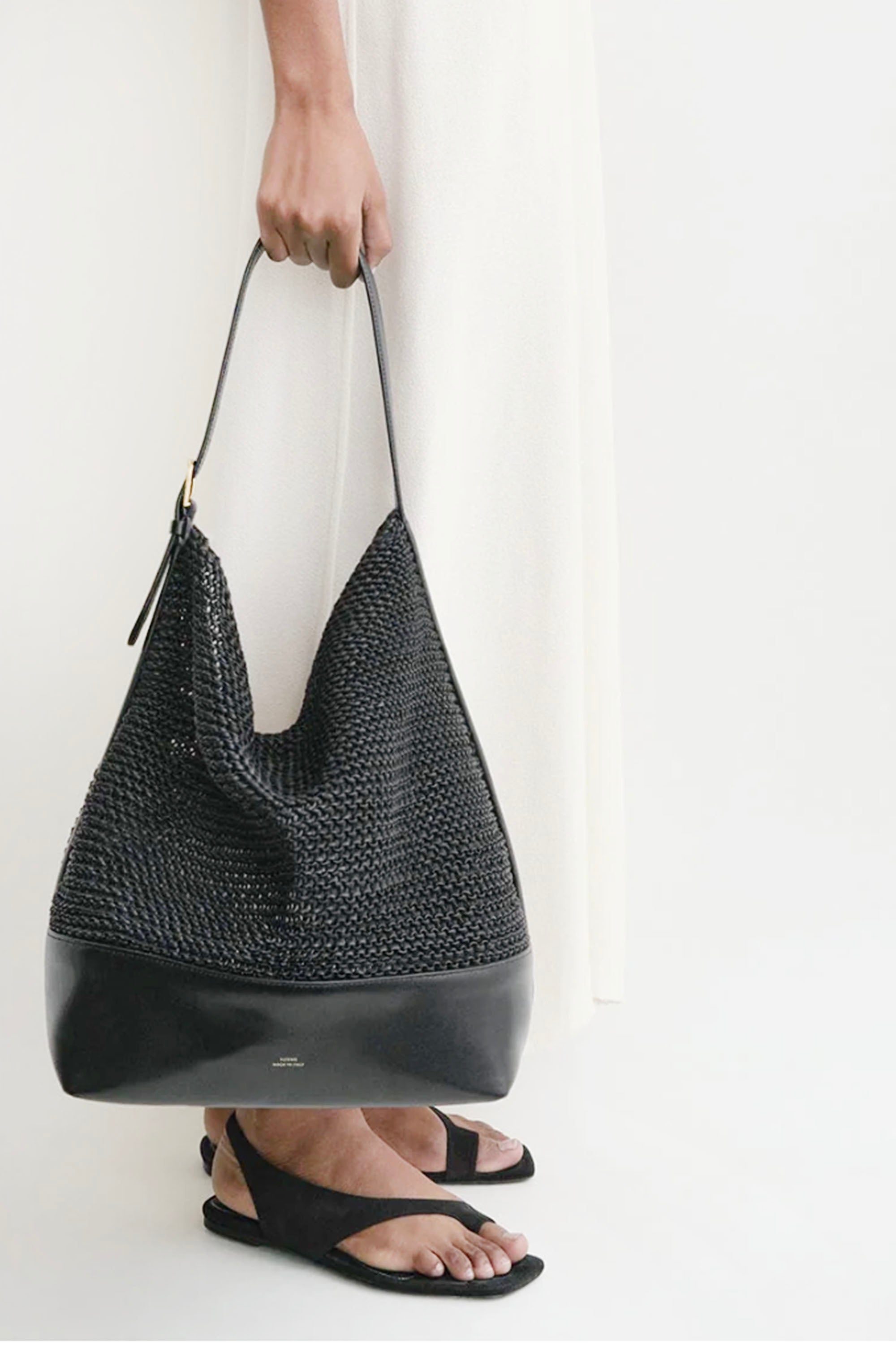 Woven Leather Belted Tote, Black