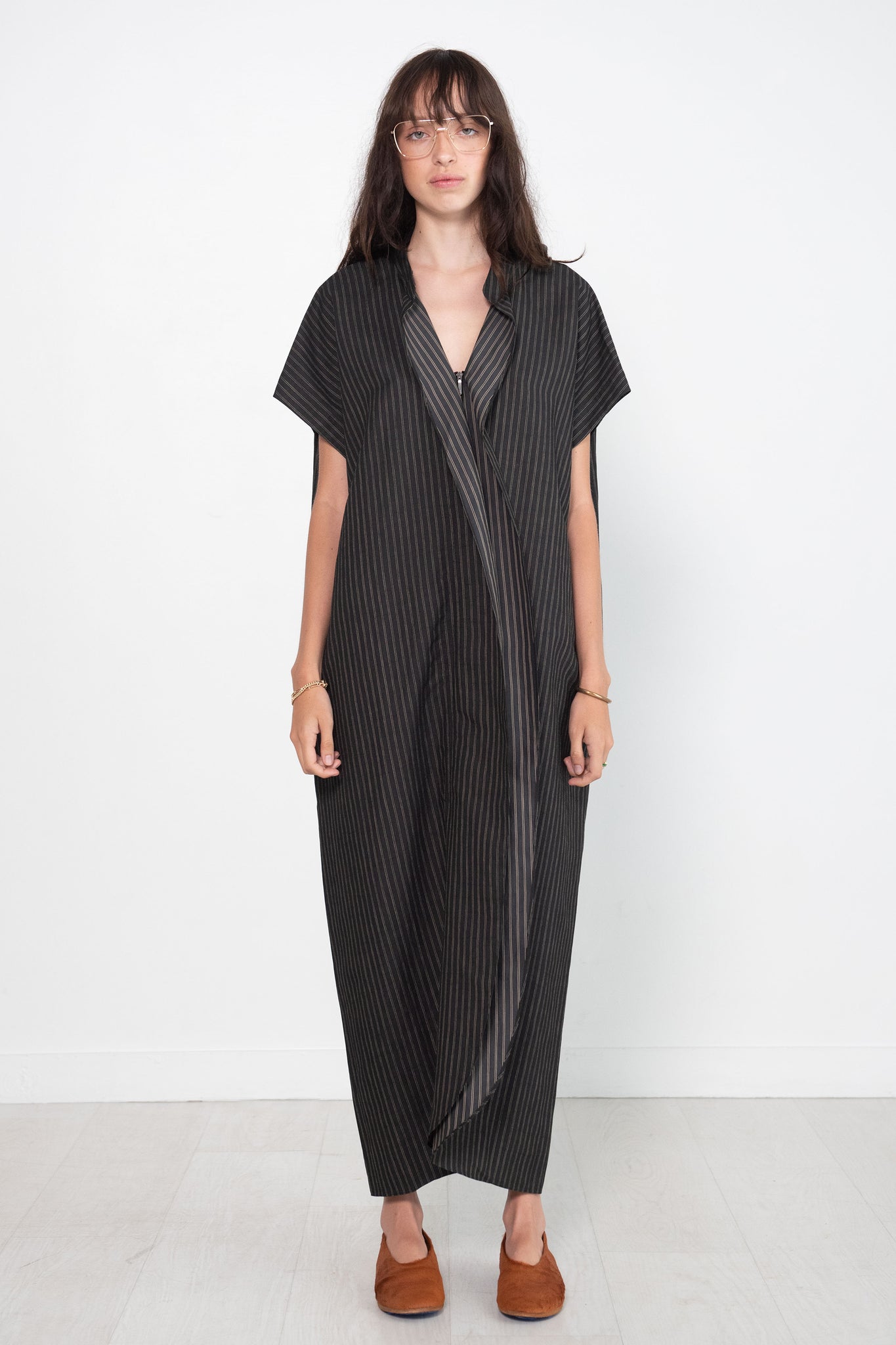 Zero + Maria Cornejo - Long Fin Gaban Dress, Duo Pinstripe Black