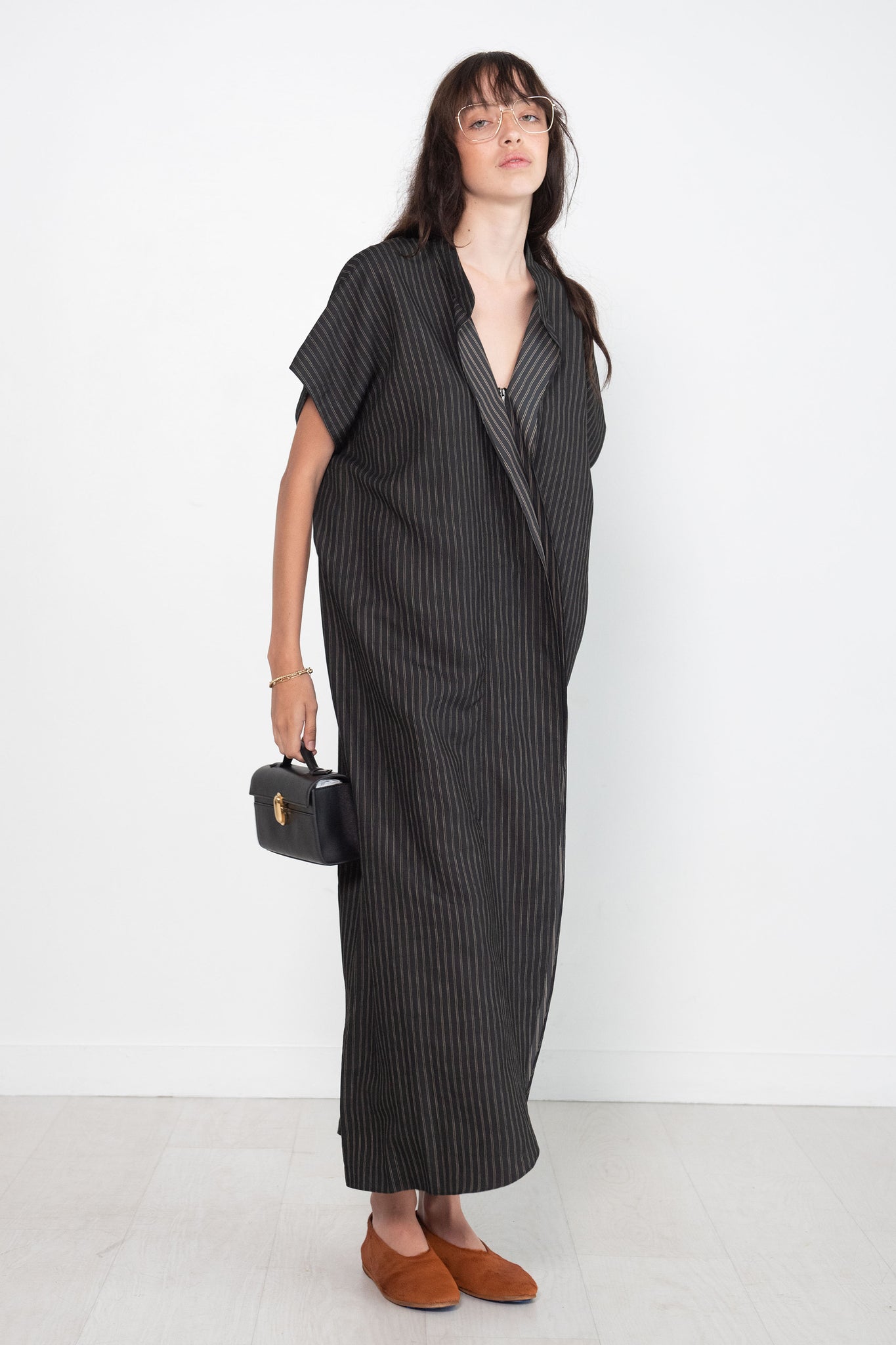 Zero + Maria Cornejo - Long Fin Gaban Dress, Duo Pinstripe Black
