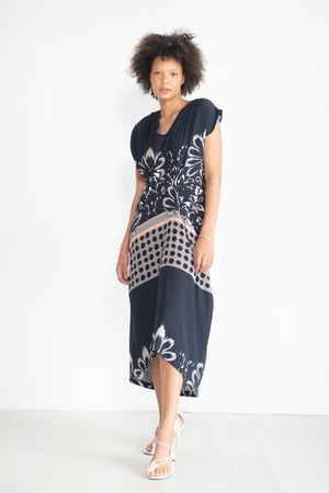 Zero + Maria Cornejo - Long Ruched Fold Dress, Ink Jet Multi