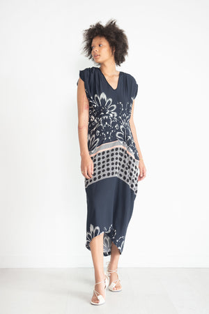 Zero + Maria Cornejo - Long Ruched Fold Dress, Ink Jet Multi