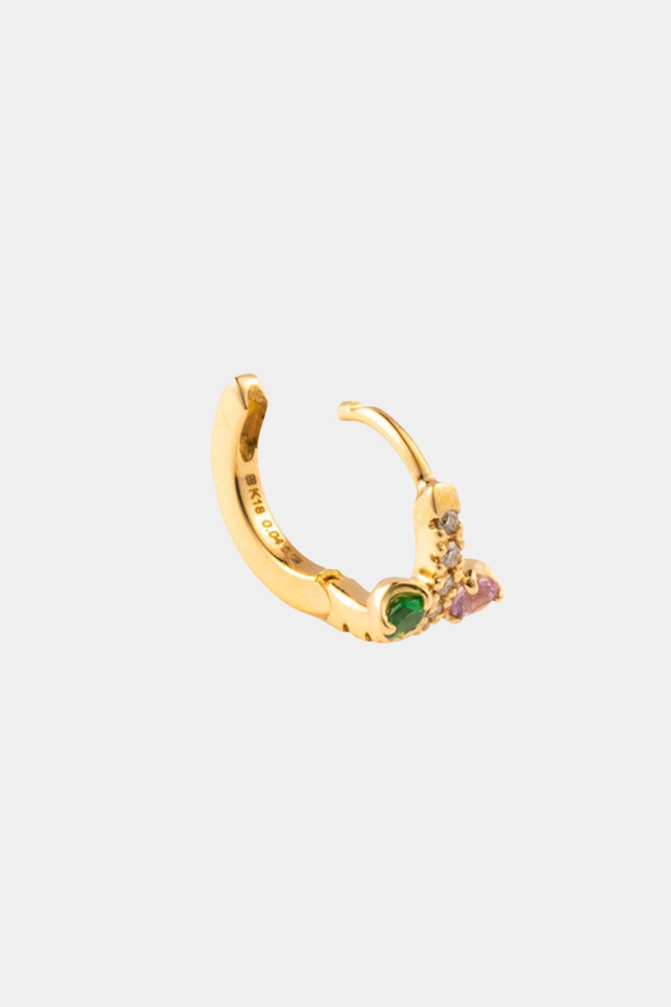 HIROTAKA - 18k BIRD OF PARADISE PINK SAPPHIRE & GREEN GARNET DIAMOND HOOP EARRING