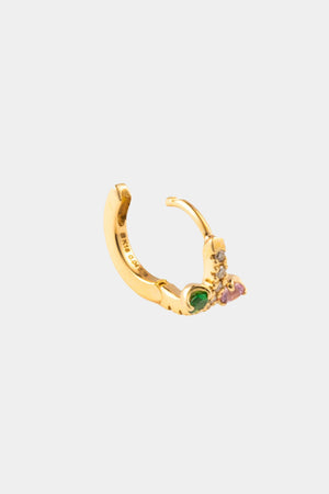 HIROTAKA - 18k BIRD OF PARADISE PINK SAPPHIRE & GREEN GARNET DIAMOND HOOP EARRING