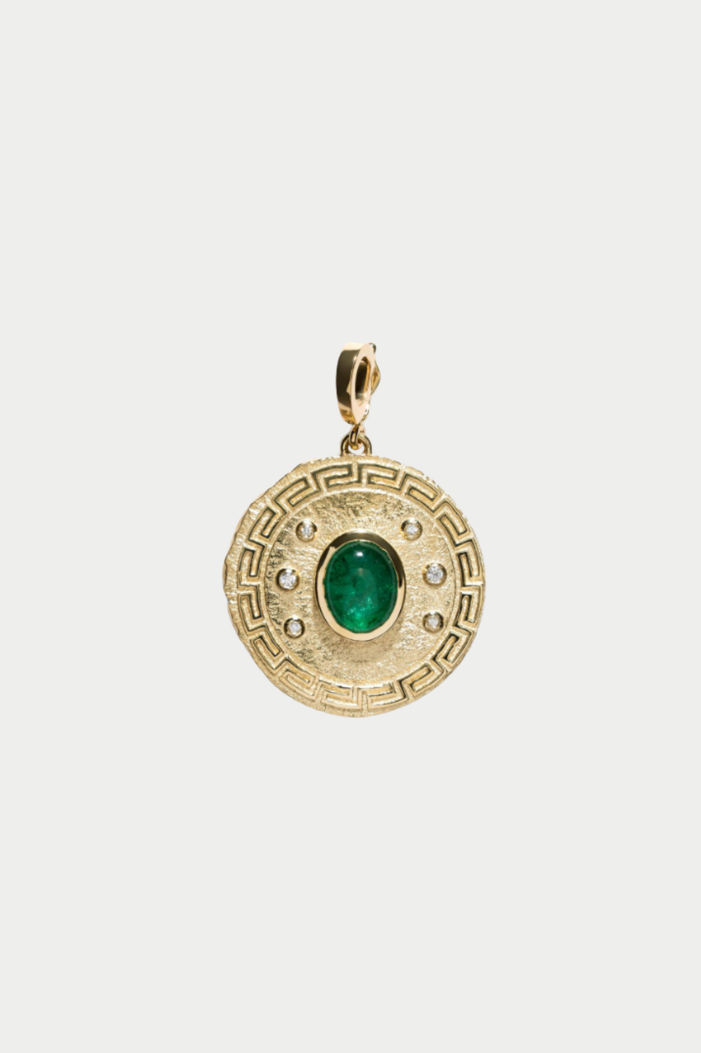 AZLEE - Greek Pattern And Emerald Large Coin Charm, Yellow Gold
