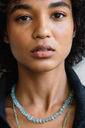 LFJ-FINE - AQUAMARINE & EMERALD 14K SINGLE STRAND NECKLACE