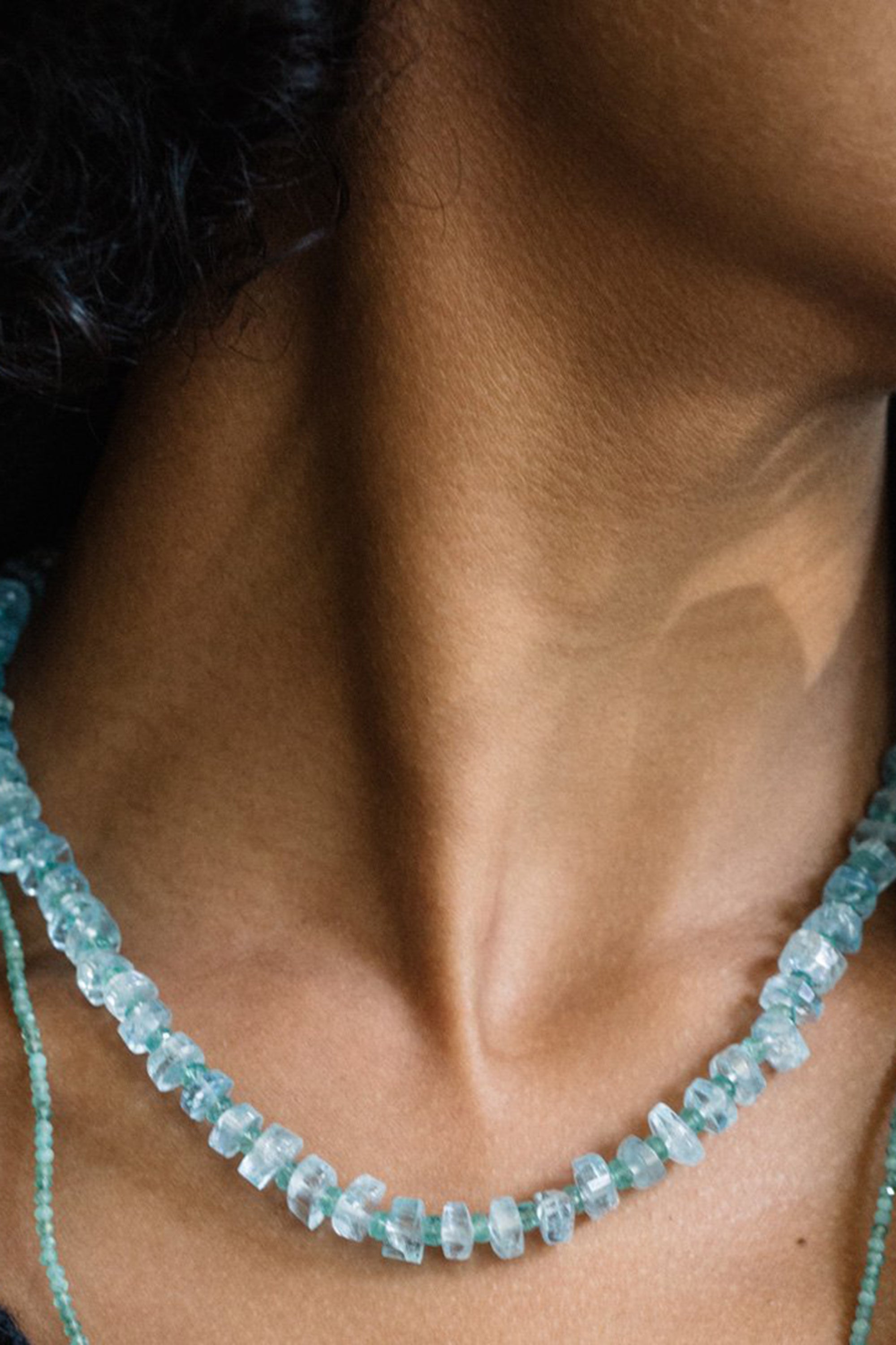 LFJ-FINE - AQUAMARINE &amp; EMERALD 14K SINGLE STRAND NECKLACE