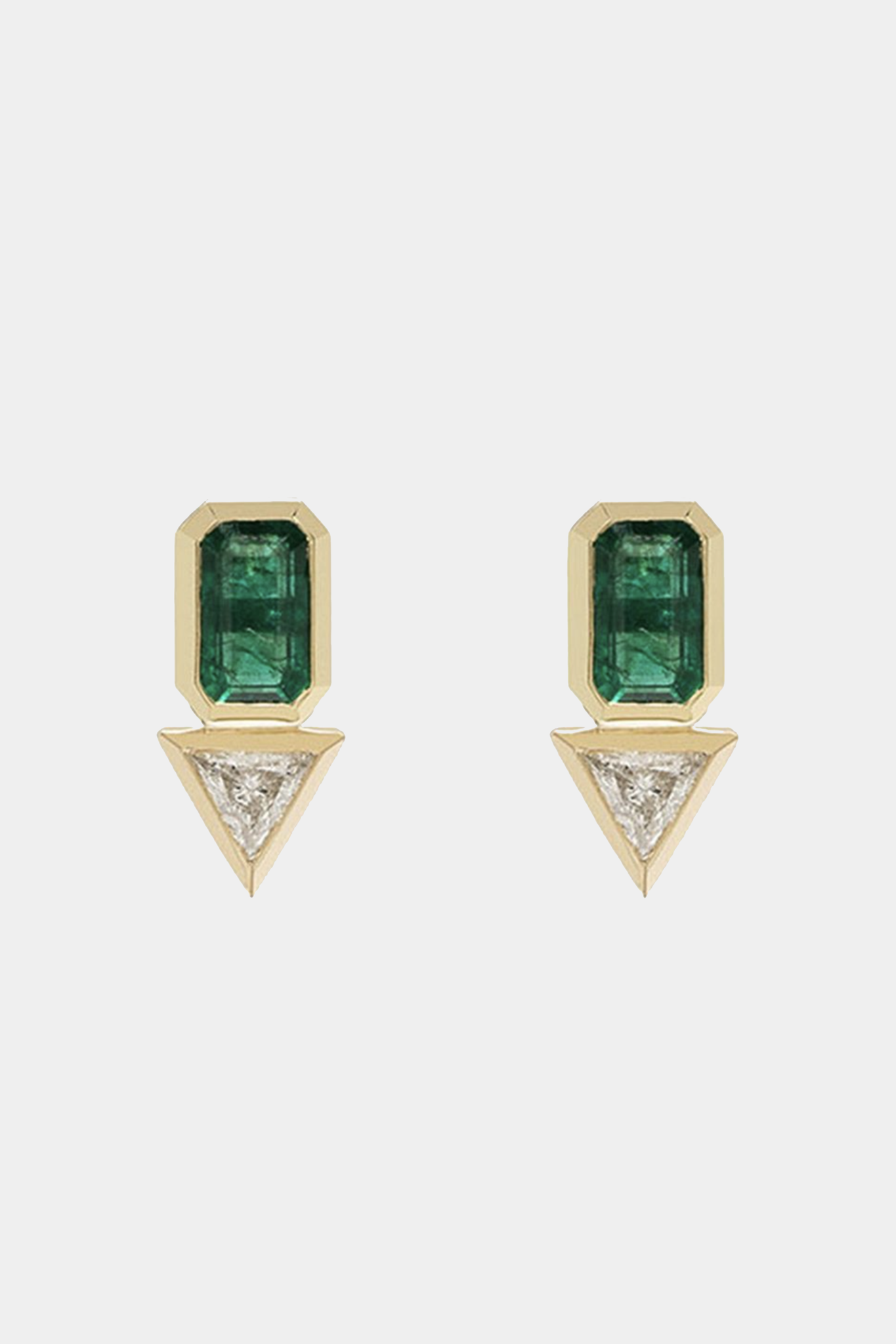 AZLEE - EMERALD & TRILLION DIAMOND STUDS, YELLOW GOLD