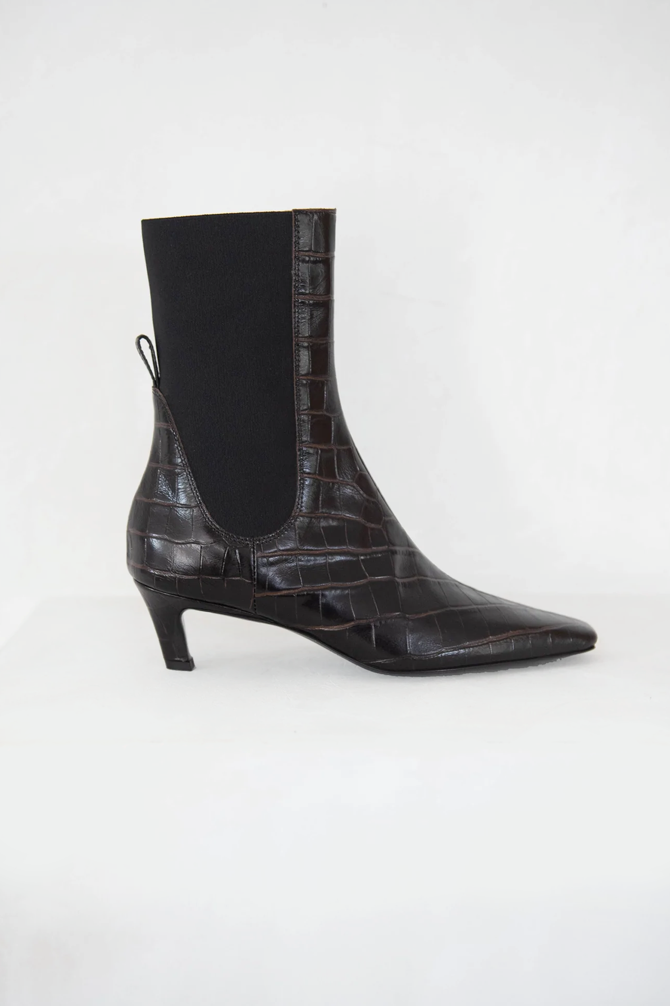 The Mid-Heel Leather Boot, Dark Brown Croco