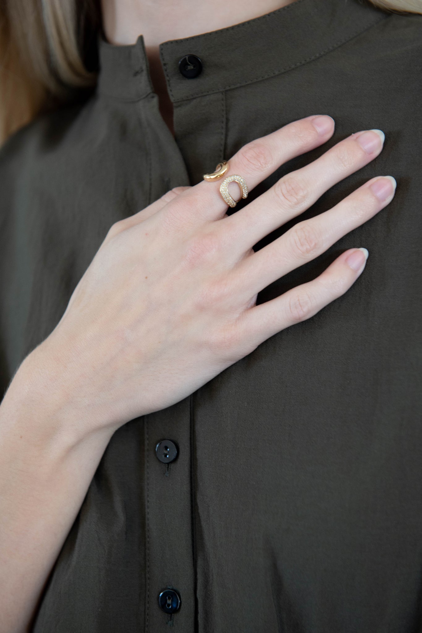 Gabriela Artigas - One Side Pave Double Beam Ring, Yellow Gold