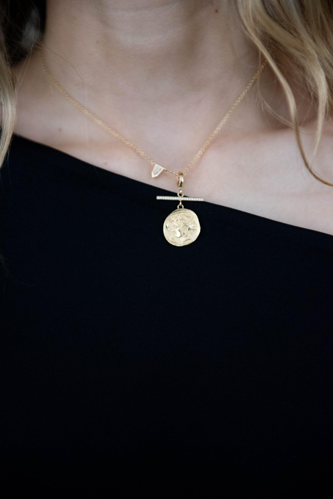 Goddess Small Diamond Coin Charm with Pave Bar, Yellow Gold