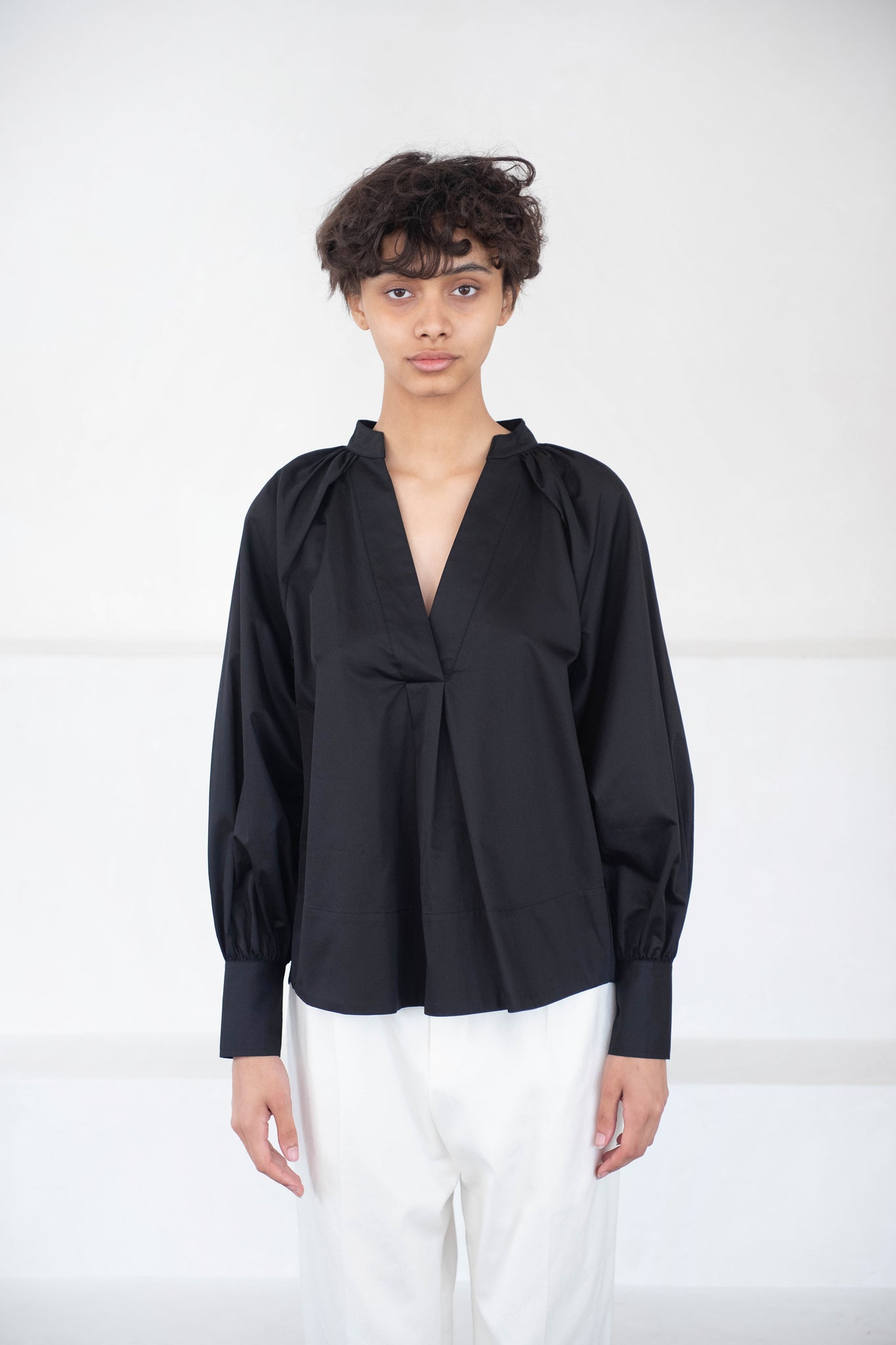 CO - Ruched V-Neck Blouse, Black