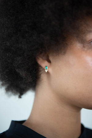 AZLEE - EMERALD & TRILLION DIAMOND STUDS, YELLOW GOLD