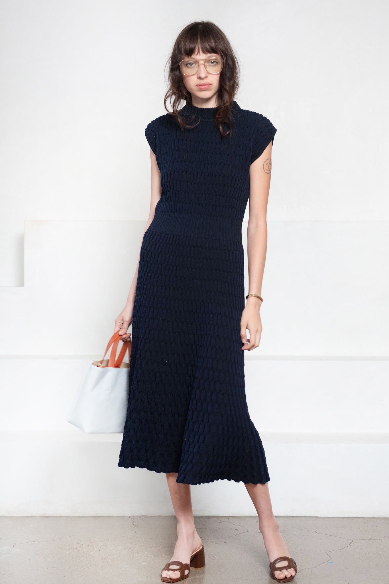 Zellige Stitch Knit Long Dress, Midnight