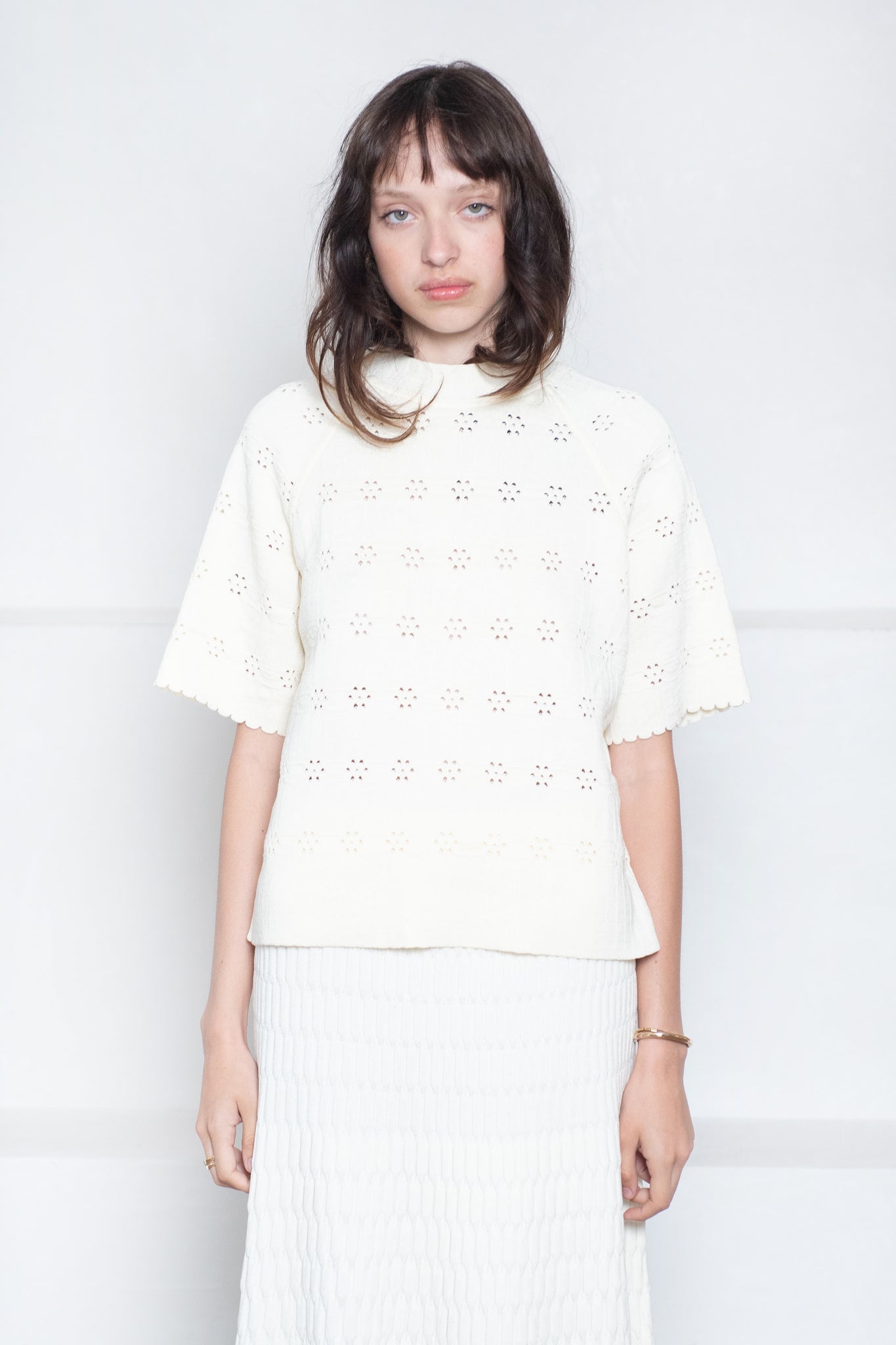 MOLLI - Floral Open-Work Knit Raglan Top, Natural