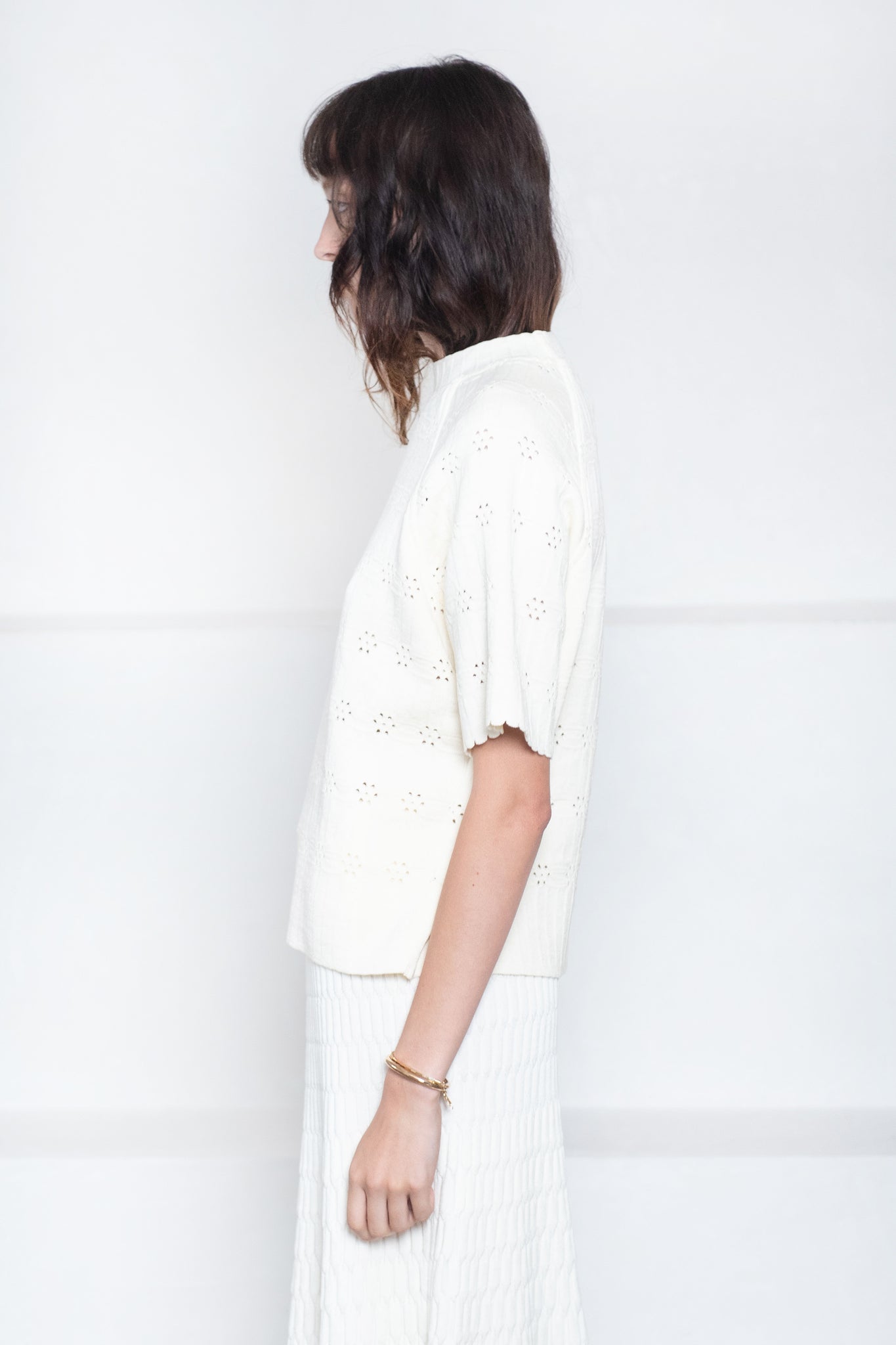 MOLLI - Floral Open-Work Knit Raglan Top, Natural