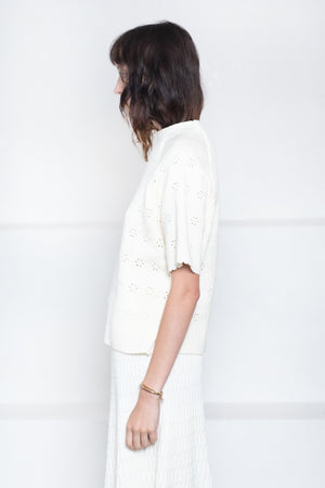 MOLLI - Floral Open-Work Knit Raglan Top, Natural