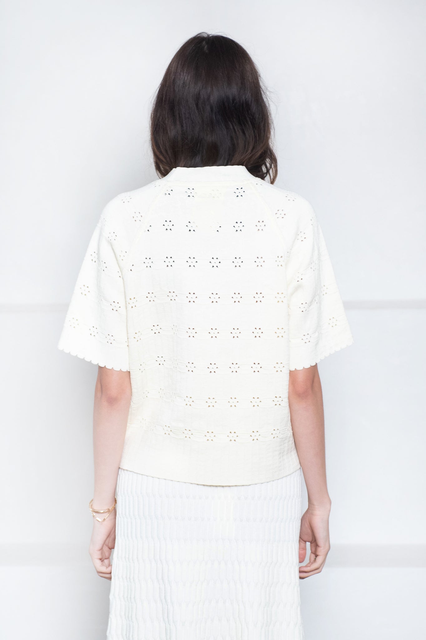 MOLLI - Floral Open-Work Knit Raglan Top, Natural