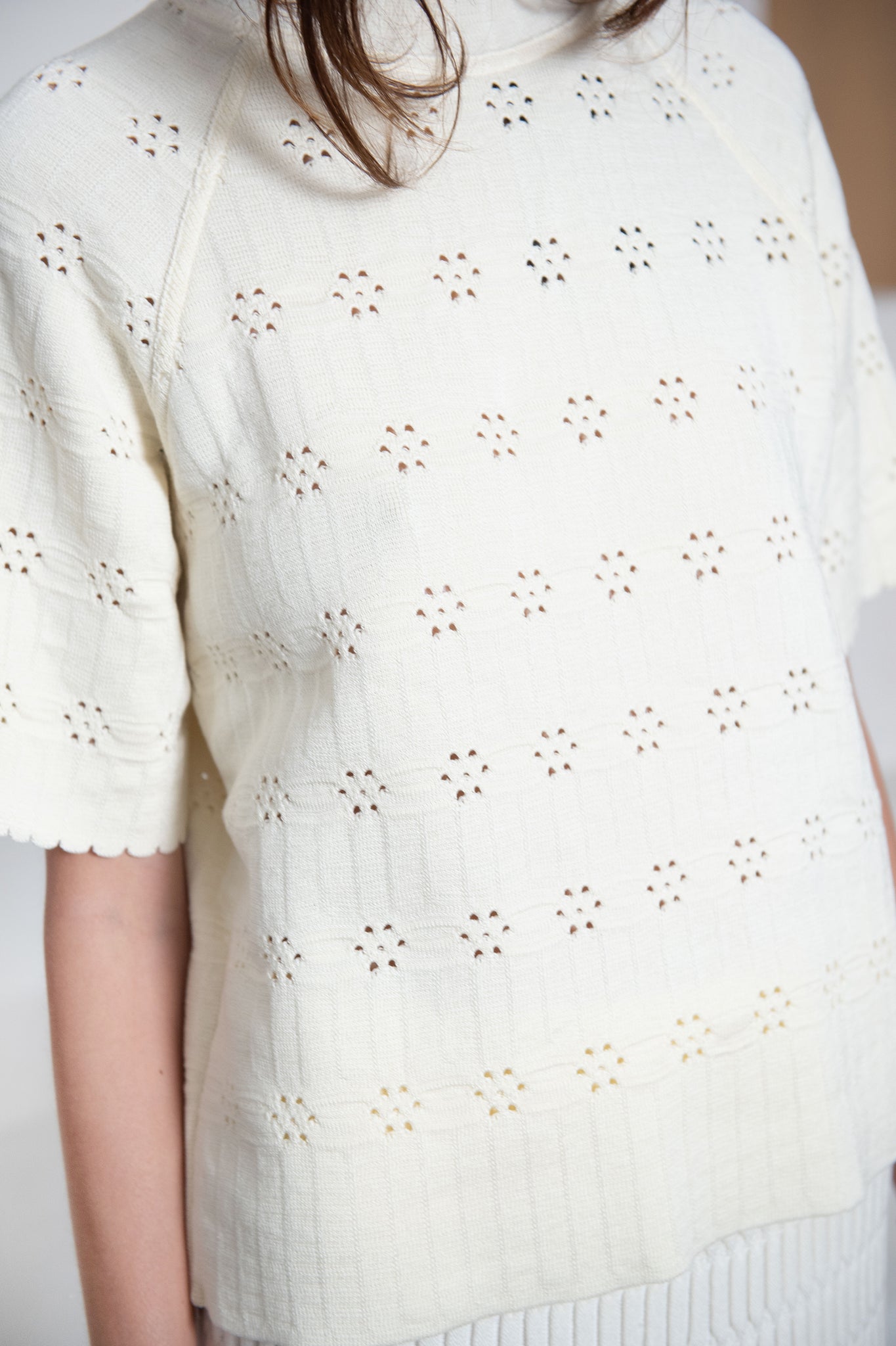 MOLLI - Floral Open-Work Knit Raglan Top, Natural