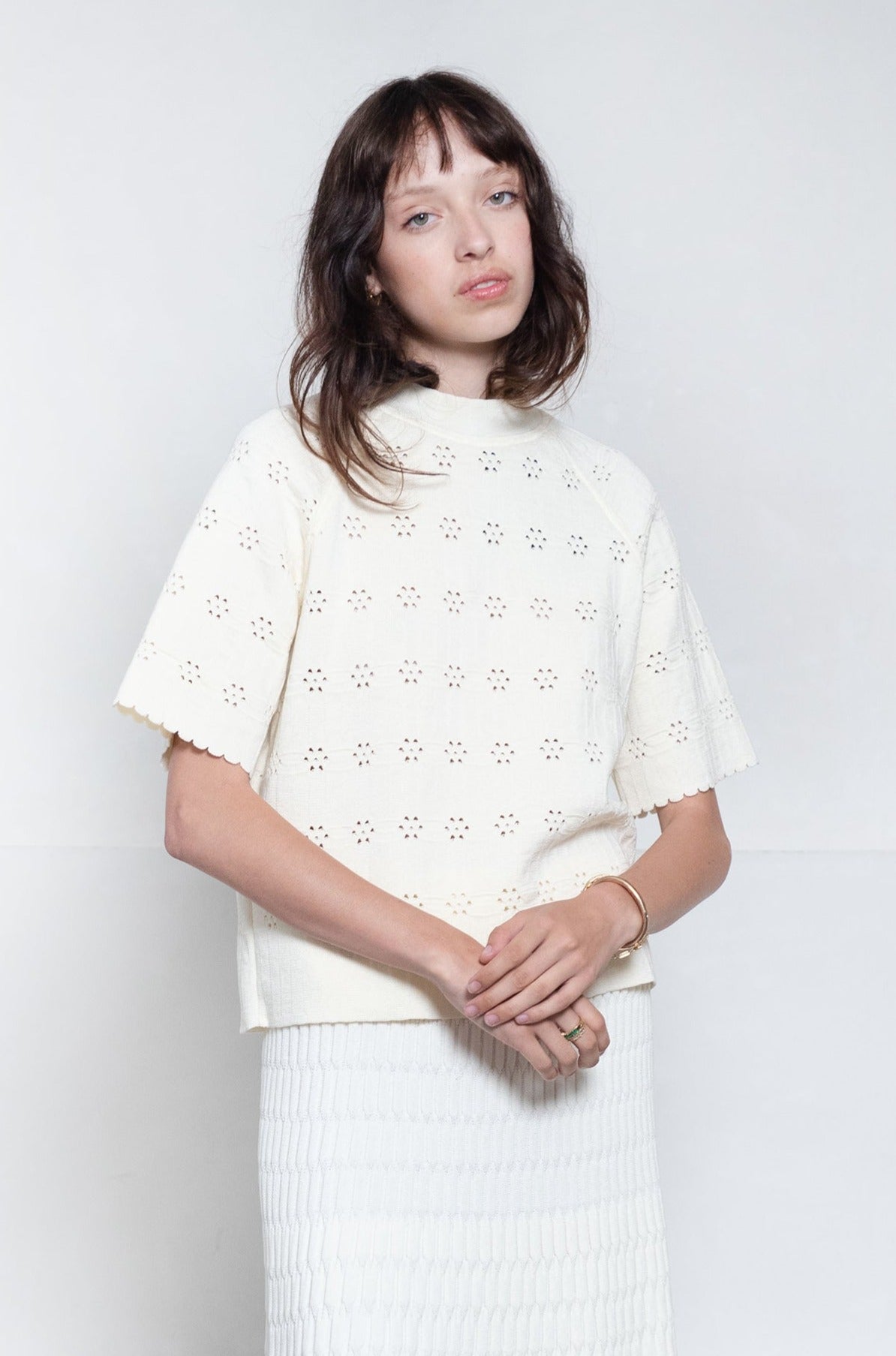 MOLLI - Floral Open-Work Knit Raglan Top, Natural