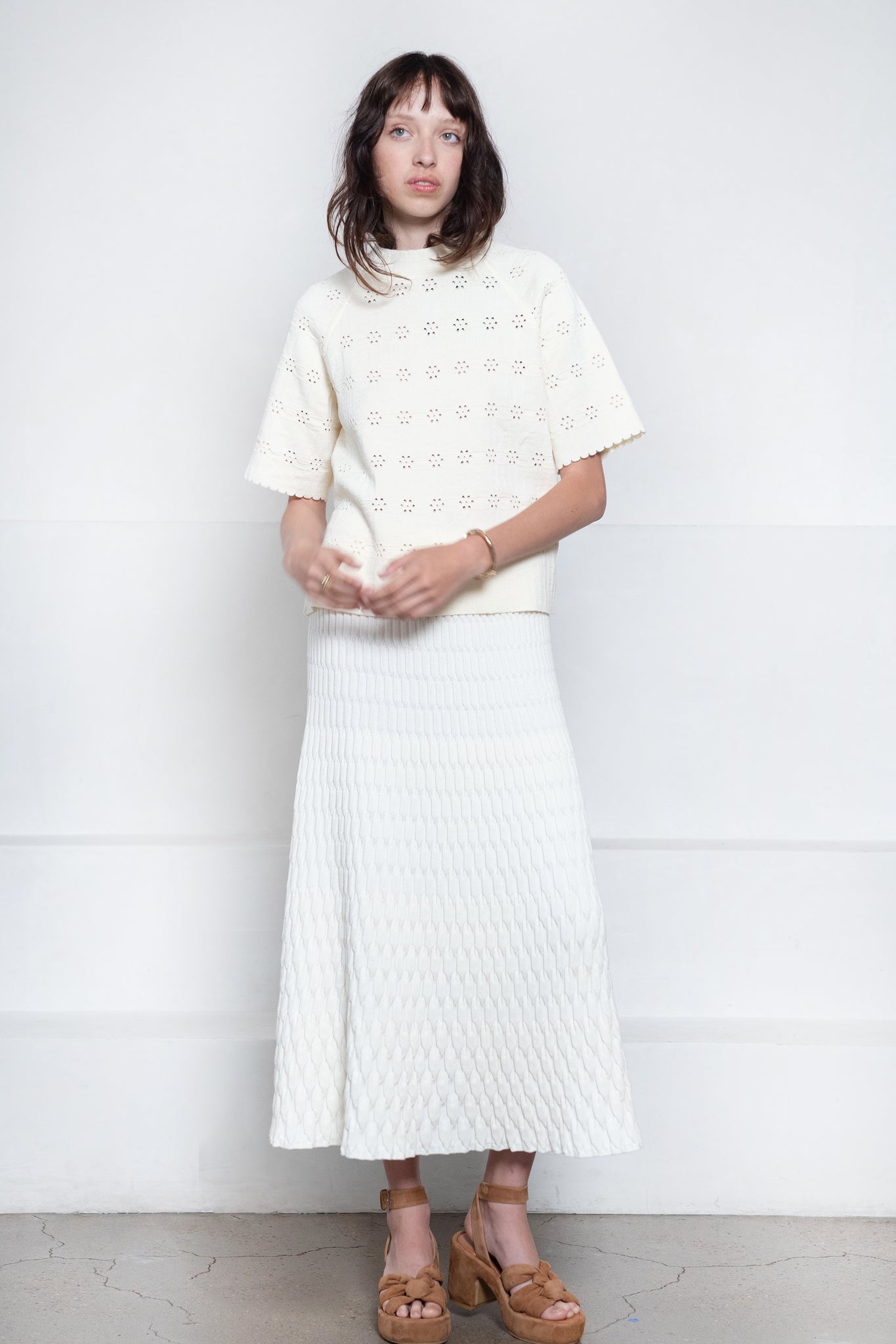 MOLLI - Floral Open-Work Knit Raglan Top, Natural